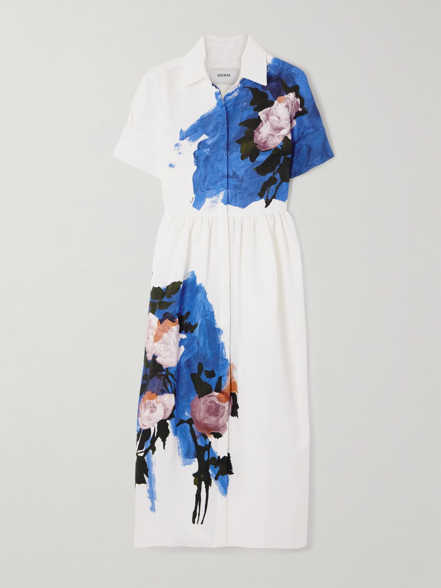 Gathered floral-print cotton-blend faille midi dress Blue - 1