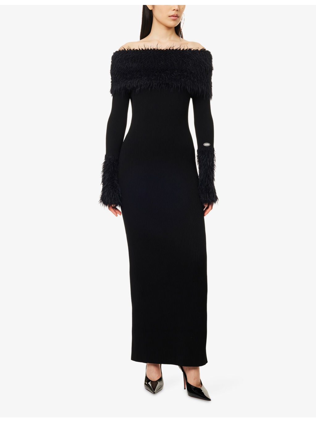 Off-Shoulder Faux Fur-Trim Ribbed-Knit Maxi Dress - 3