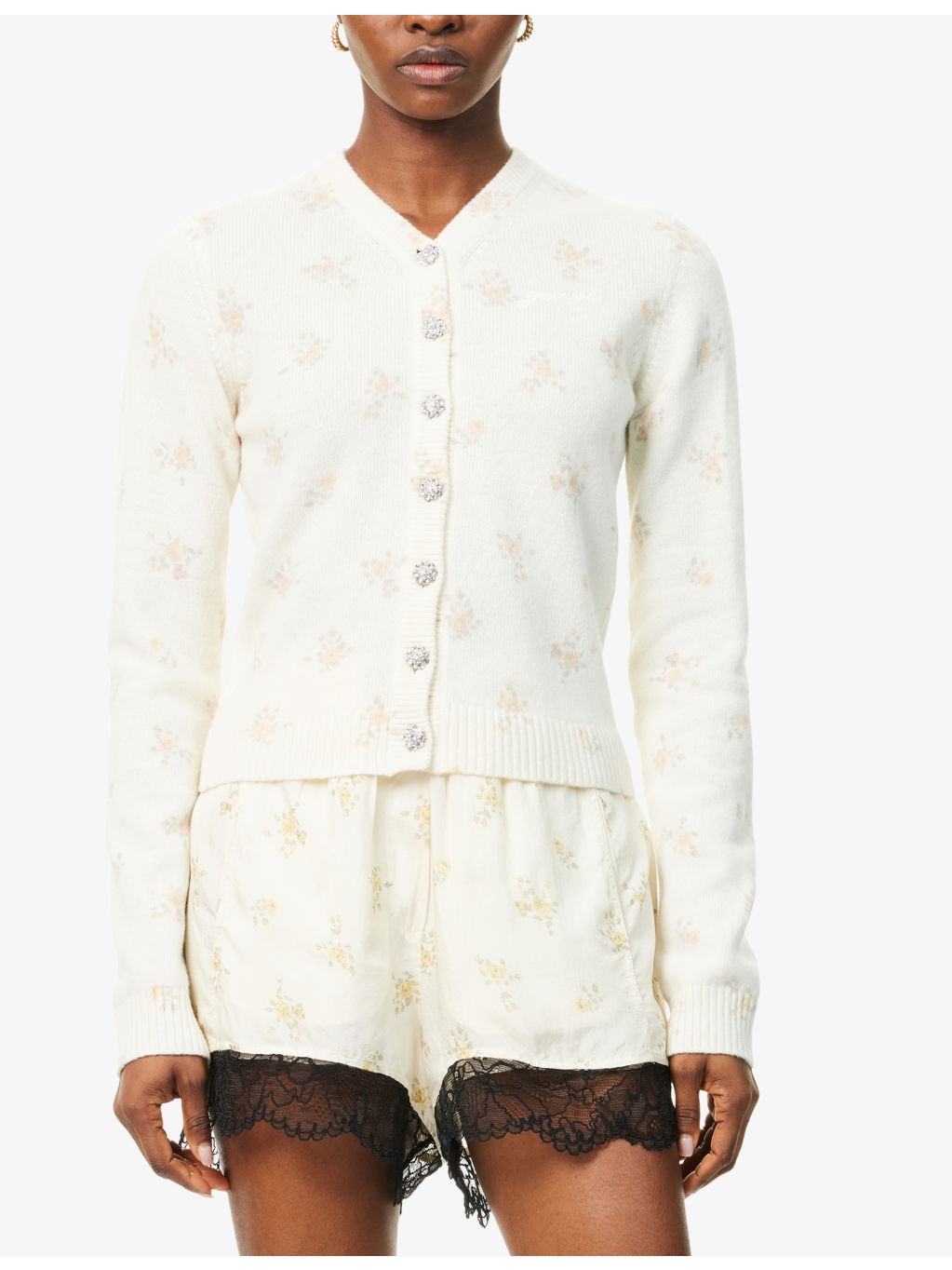 Floral-Print Embellished-Button Wool-Blend Knitted Cardigan - 3