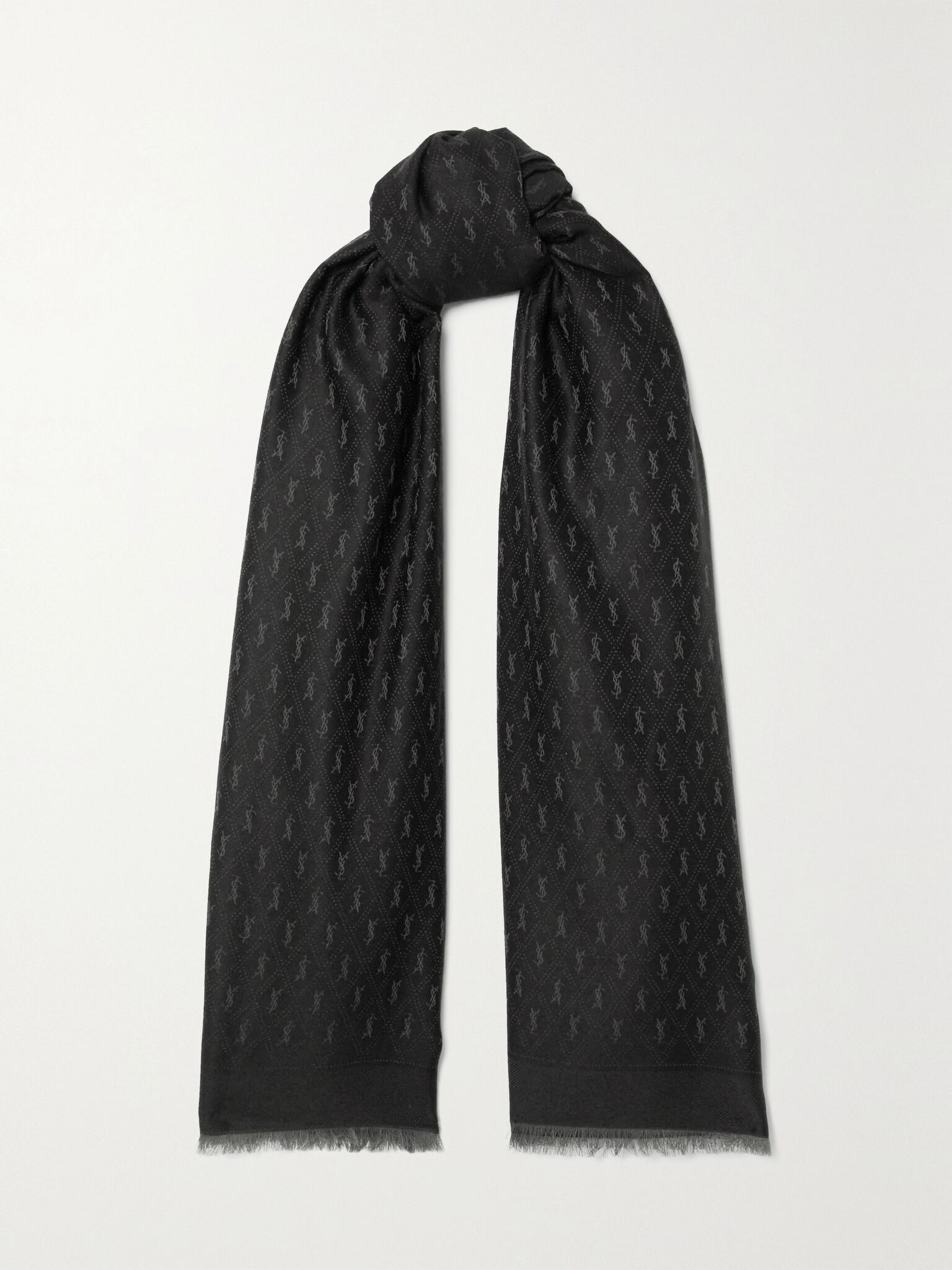 Fringed wool, cotton and silk-blend jacquard scarf Black - 1