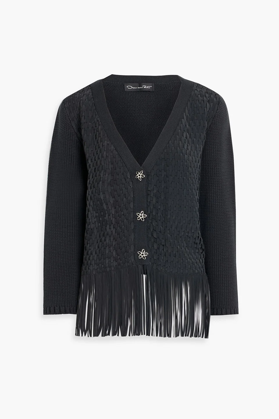 Fringed crepe de chine-paneled cotton-blend cardigan - 1