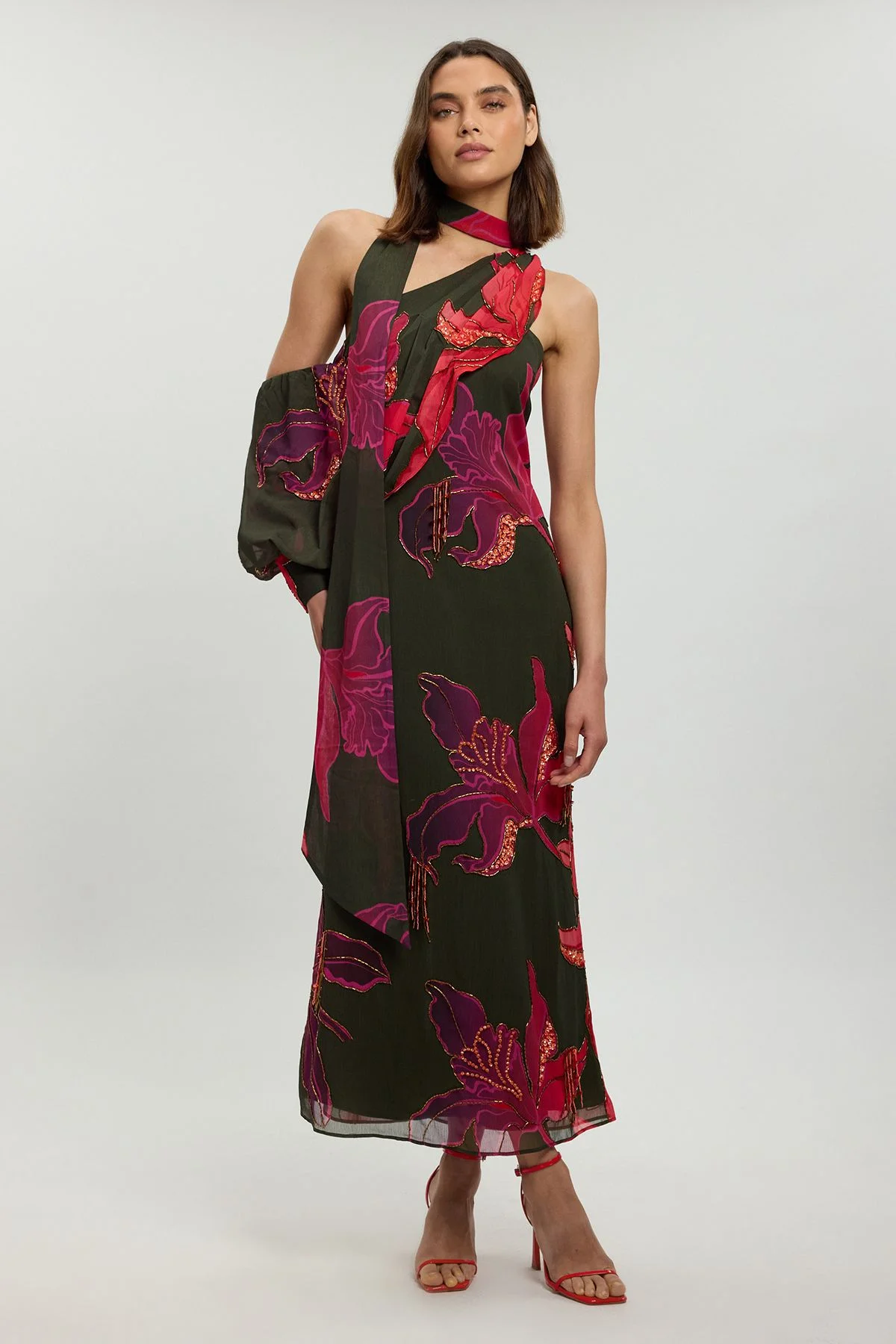 Embellished One Shoulder Printed Maxi Dress - 1