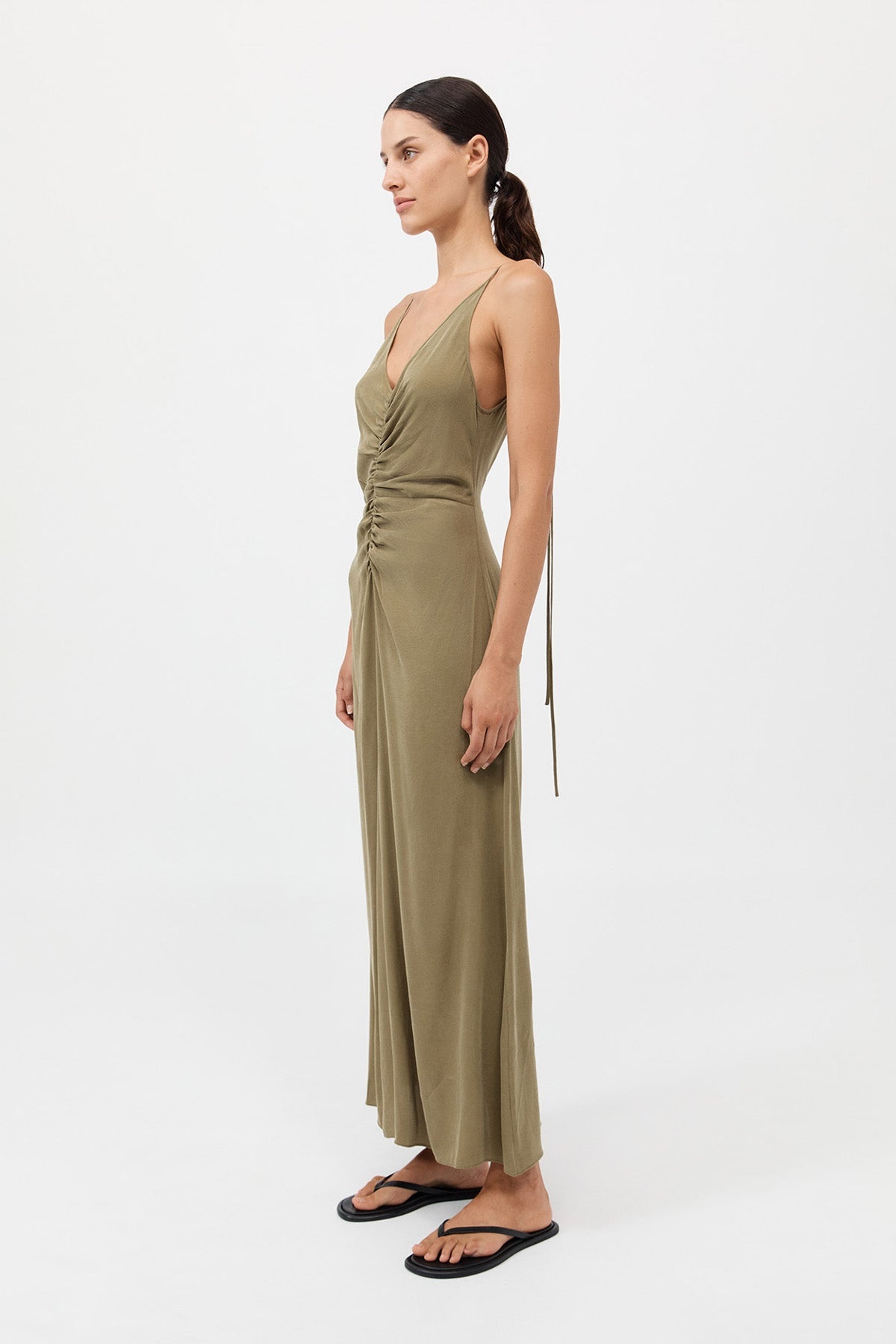 Gathered Tie Dress - Olive - 5