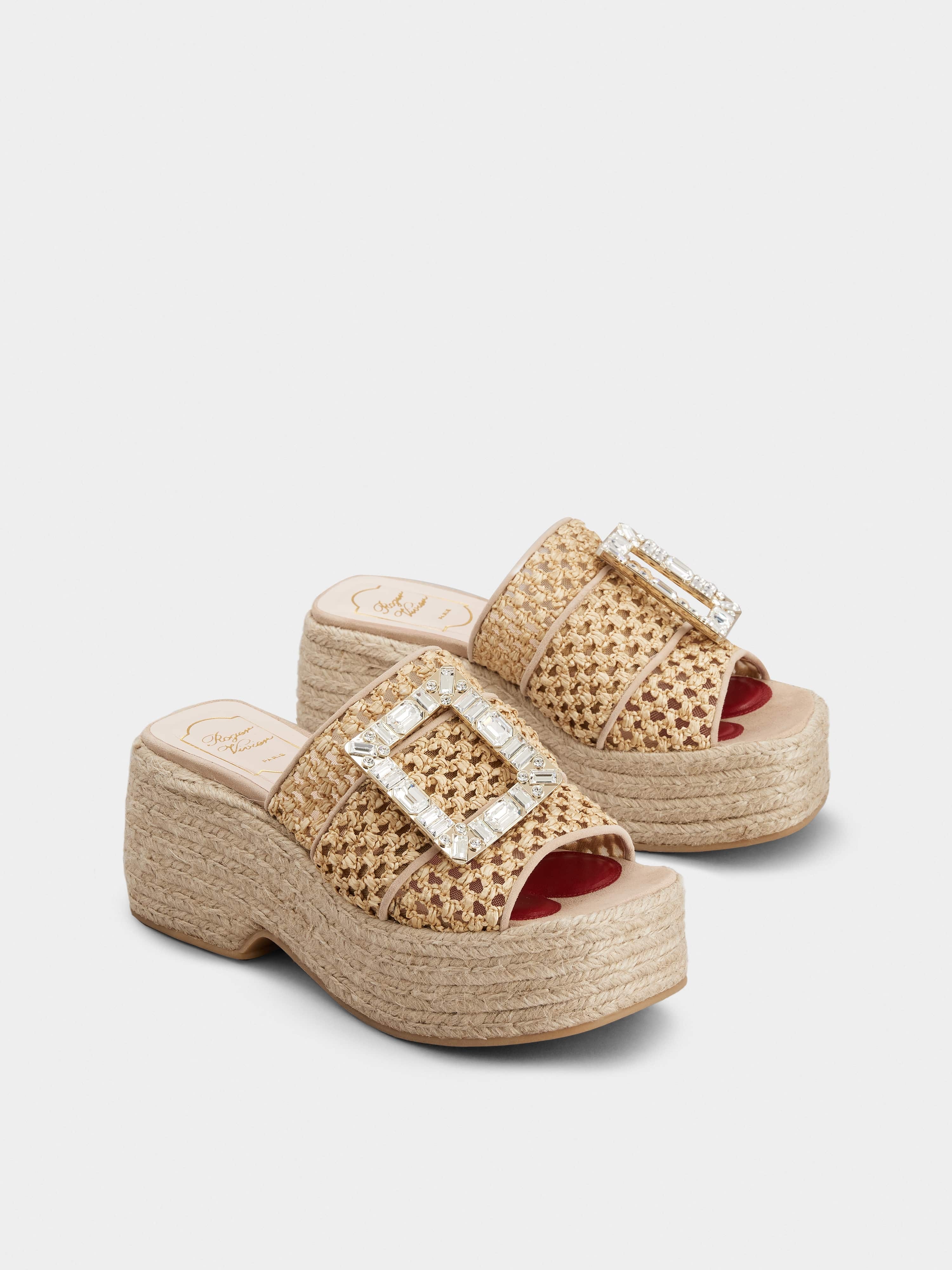 Rhinestone Buckle Espadrille Platform Mules in Raffia - 2