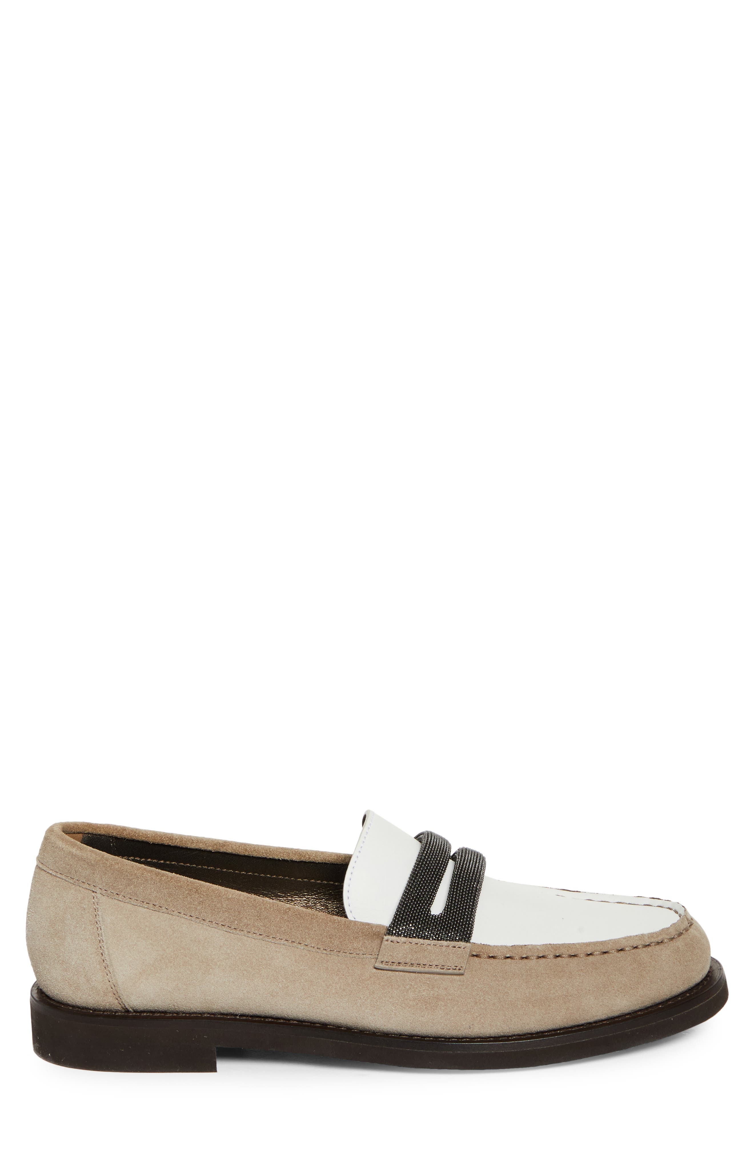 Brunello Cucinelli Monili Trim Mixed Media Penny Loafer in C5859 Dark Beige at Nordstrom - 3