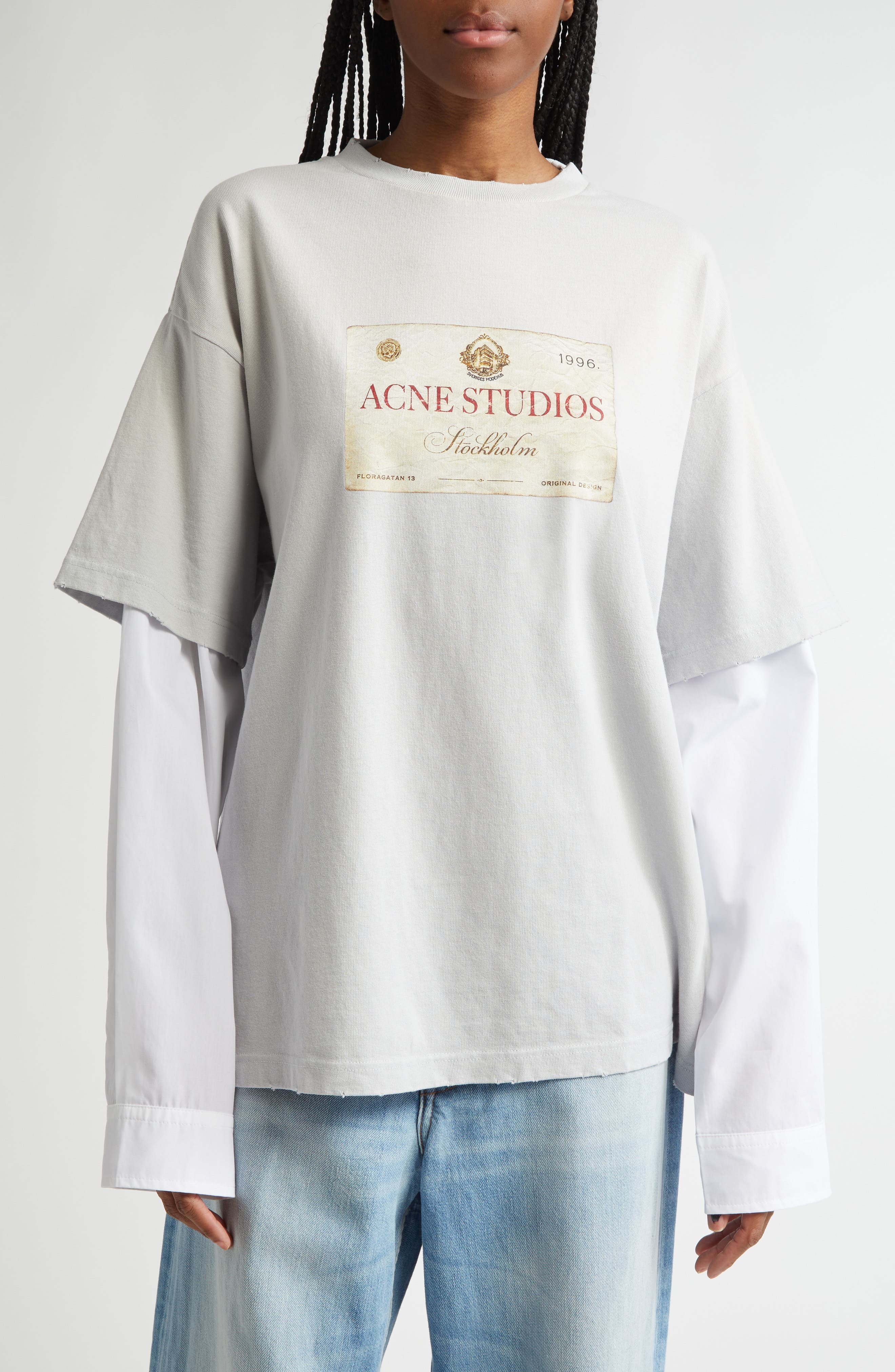 Acne Studios Edra Double U Layered Cotton Shirt in Light Grey Aab at Nordstrom - 1