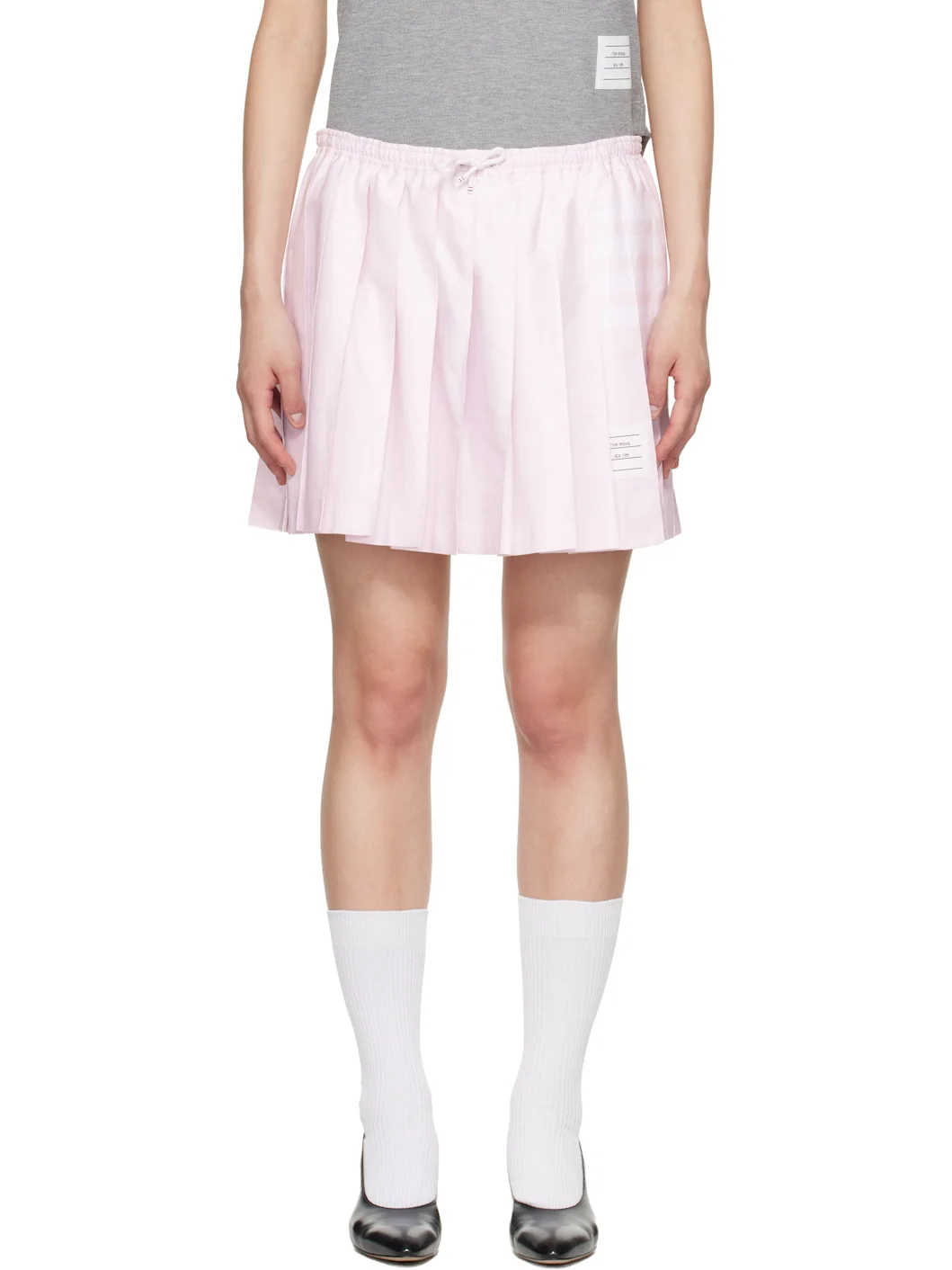Pink Oxford 4-Bar Drawstring Pleated Miniskirt - 1