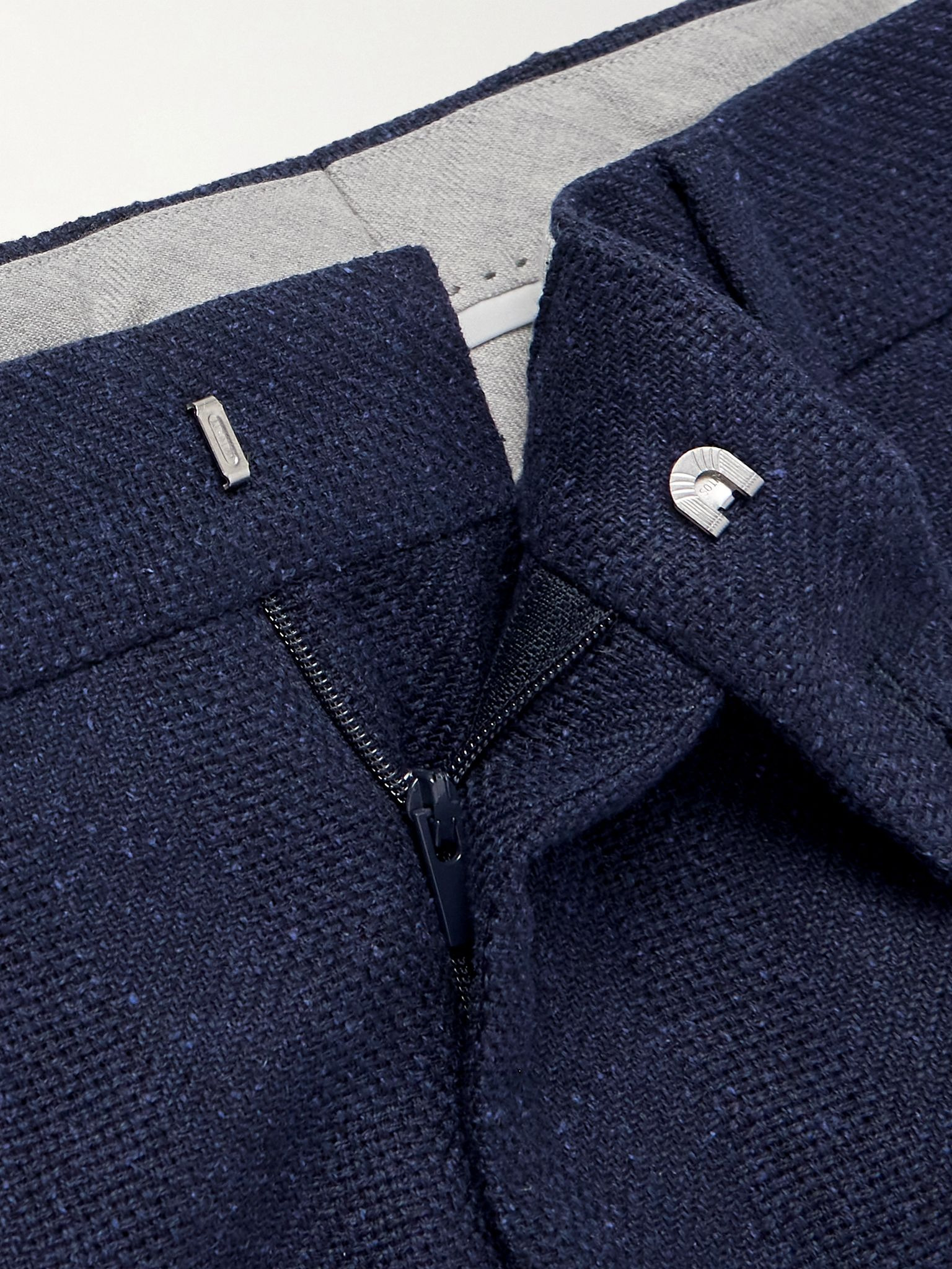 Tapered Pleated Striped Linen, Silk, Wool and Cotton-Blend Suit Trousers Navy - 6
