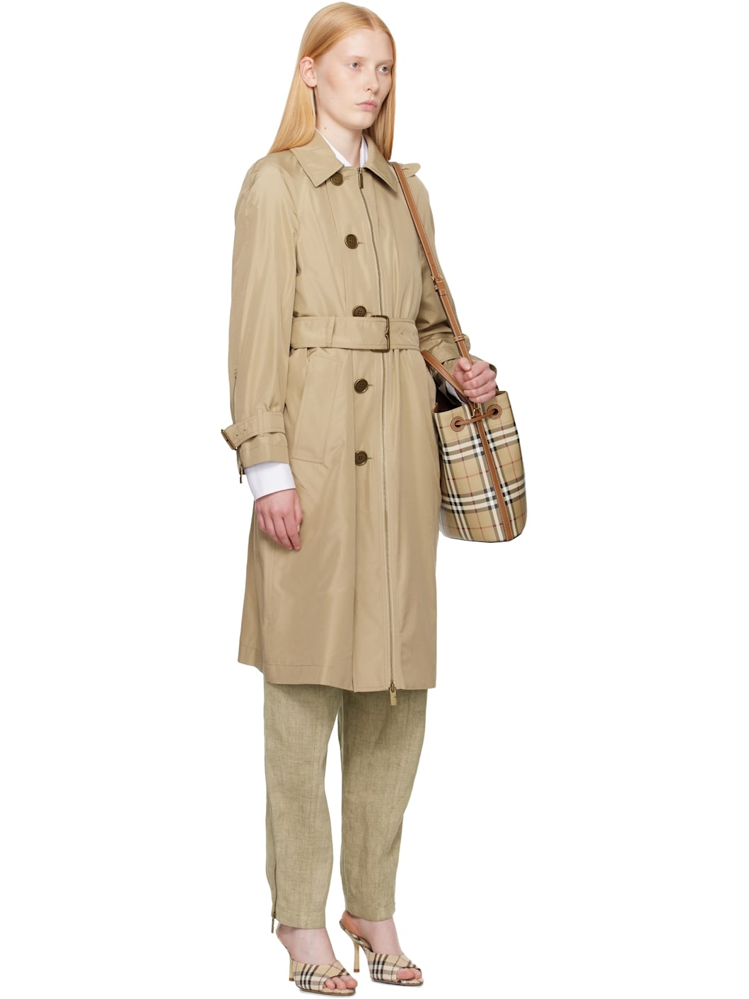 Beige Single Breasted Silk Trench Coat - 2