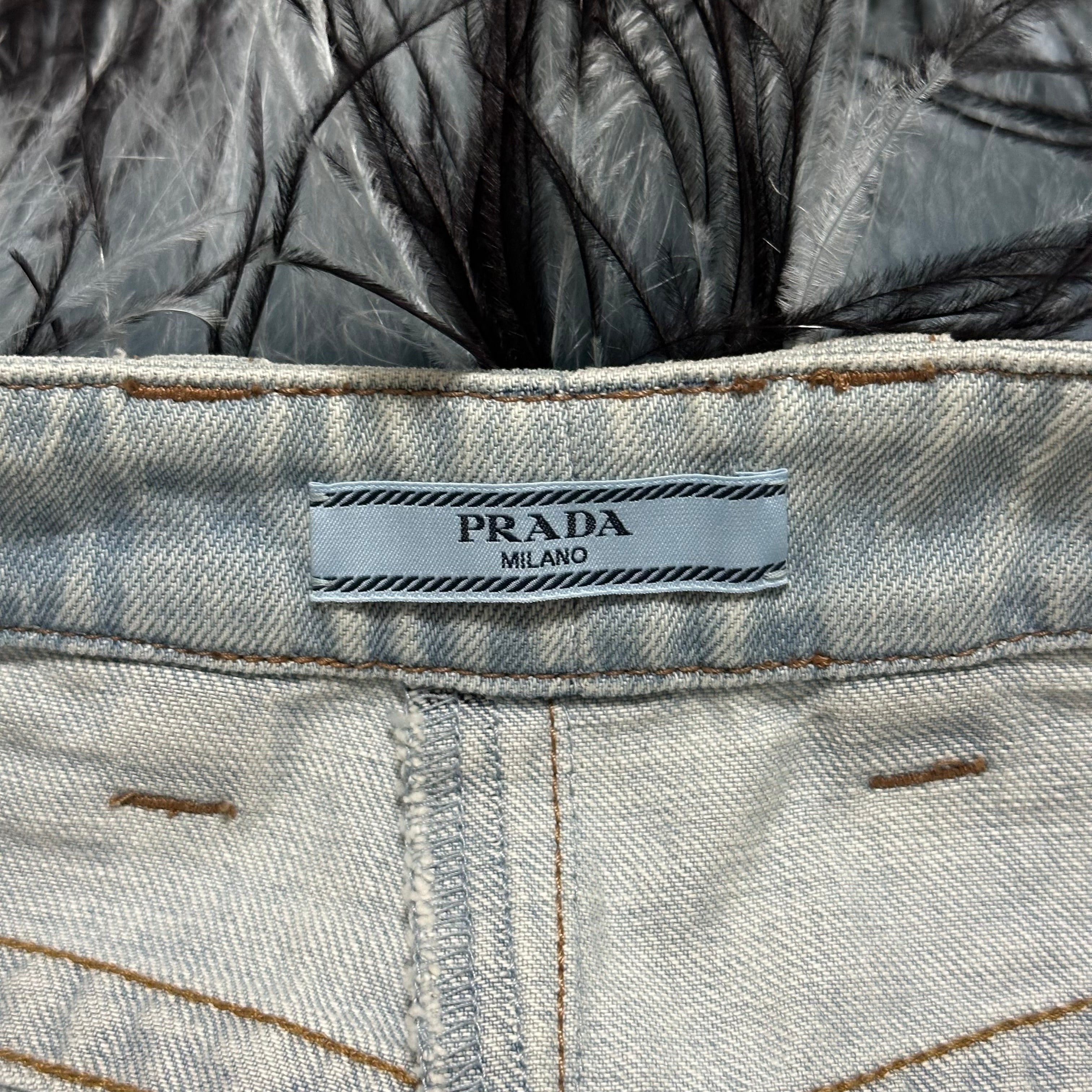 PRADA Spring Summer 2017 Ostrich Feather Trim Denim Pants - 8
