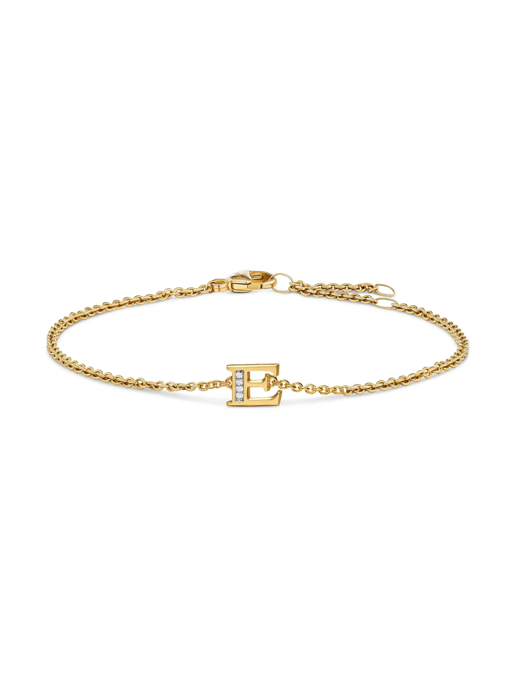 Women's Petite Pavé Initial Chain Bracelet in 18K Yellow Gold - Initial E - 1