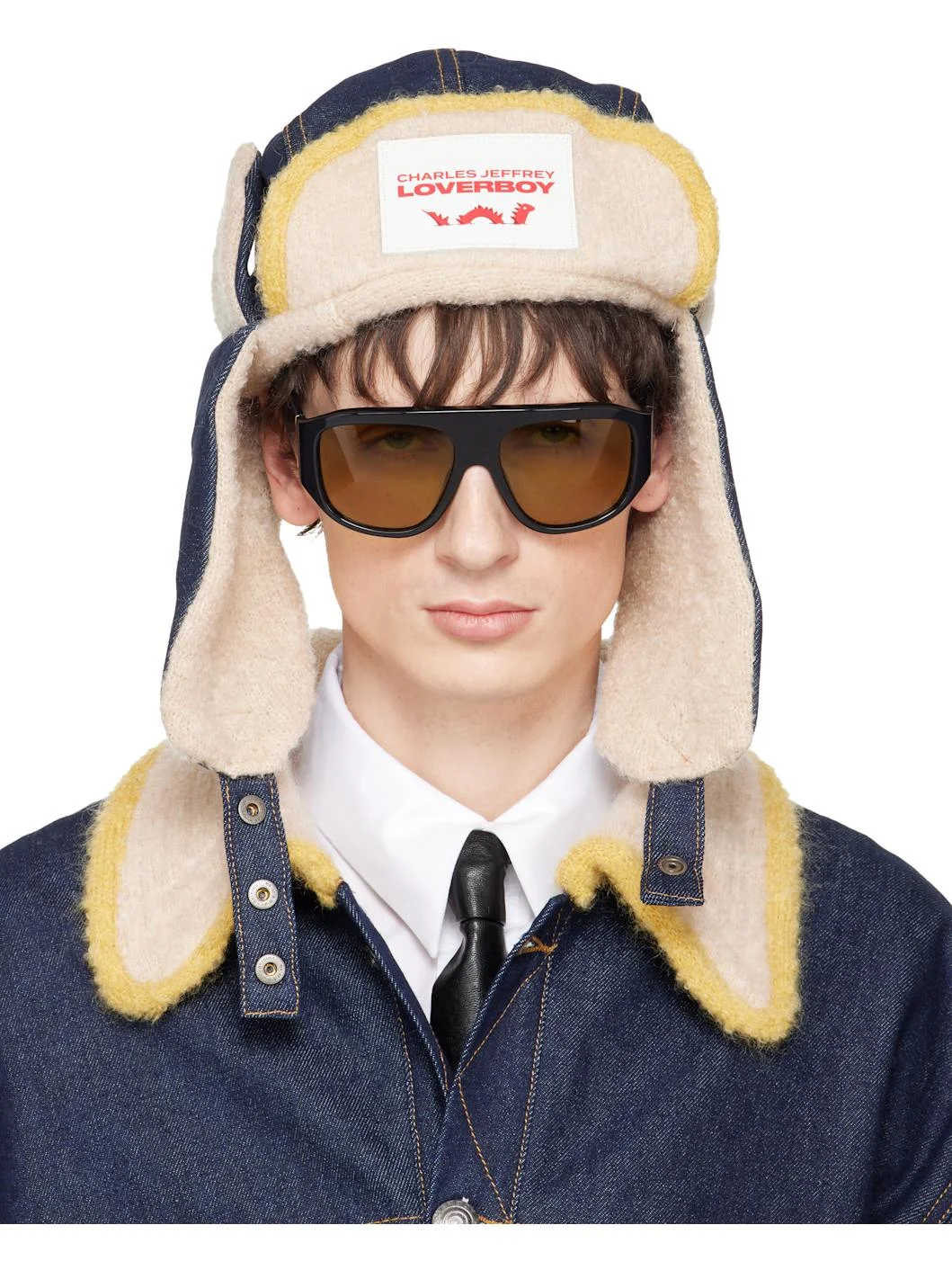 Navy & Beige Knit Patch Trapper Hat - 1