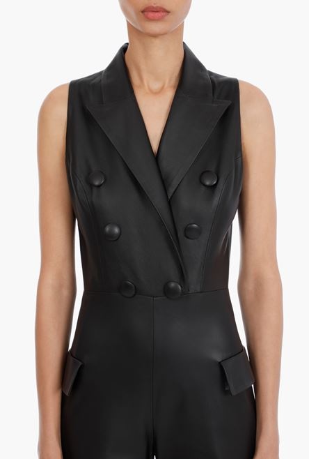 Black double-breasted leather jumpsuit - 5