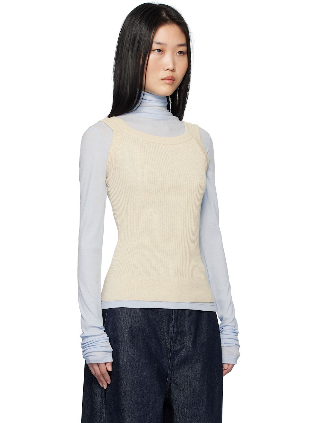Beige Ribbed Scoop Neck Tank Top - 2