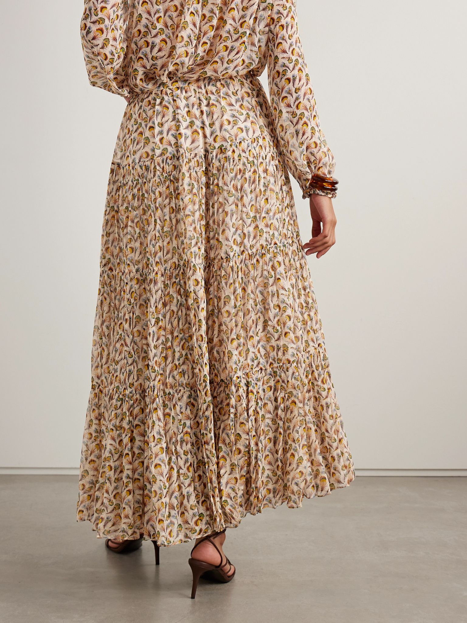 Gaelle tiered printed silk-crepon maxi skirt Cream - 4