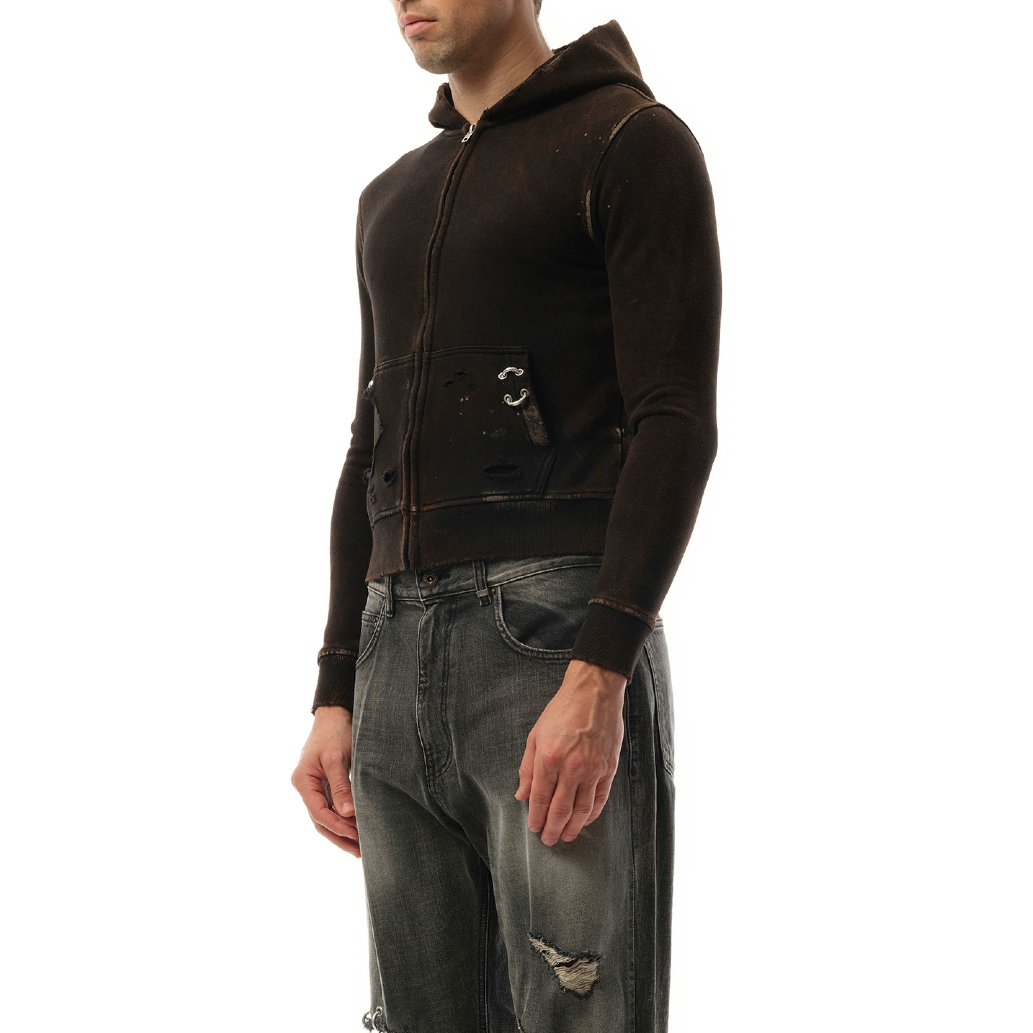 Piercing Detail Hoodie Zip-Up in Black - 5