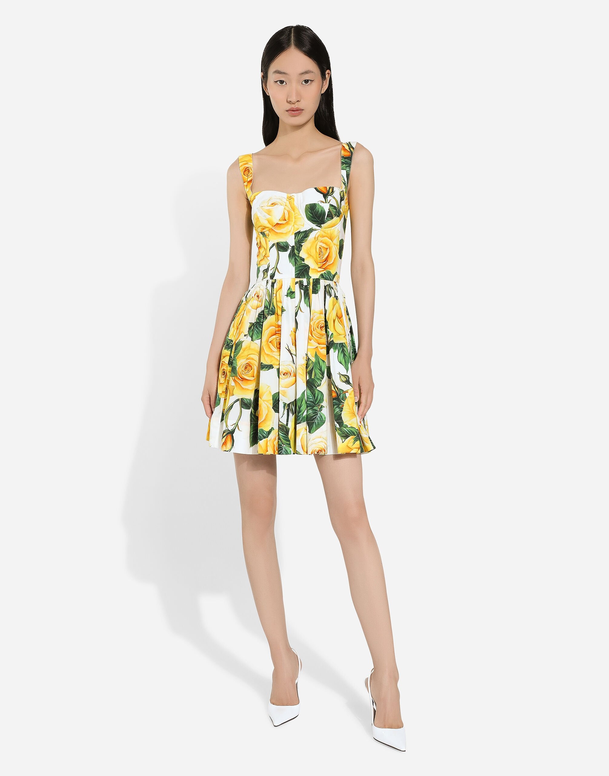 Short cotton corset dress with yellow rose print - 2