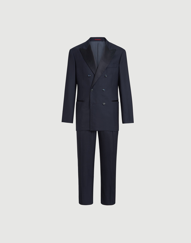 Lightweight virgin wool and silk twill tuxedo with one-and-a-half breasted jacket and double-pleated 1
