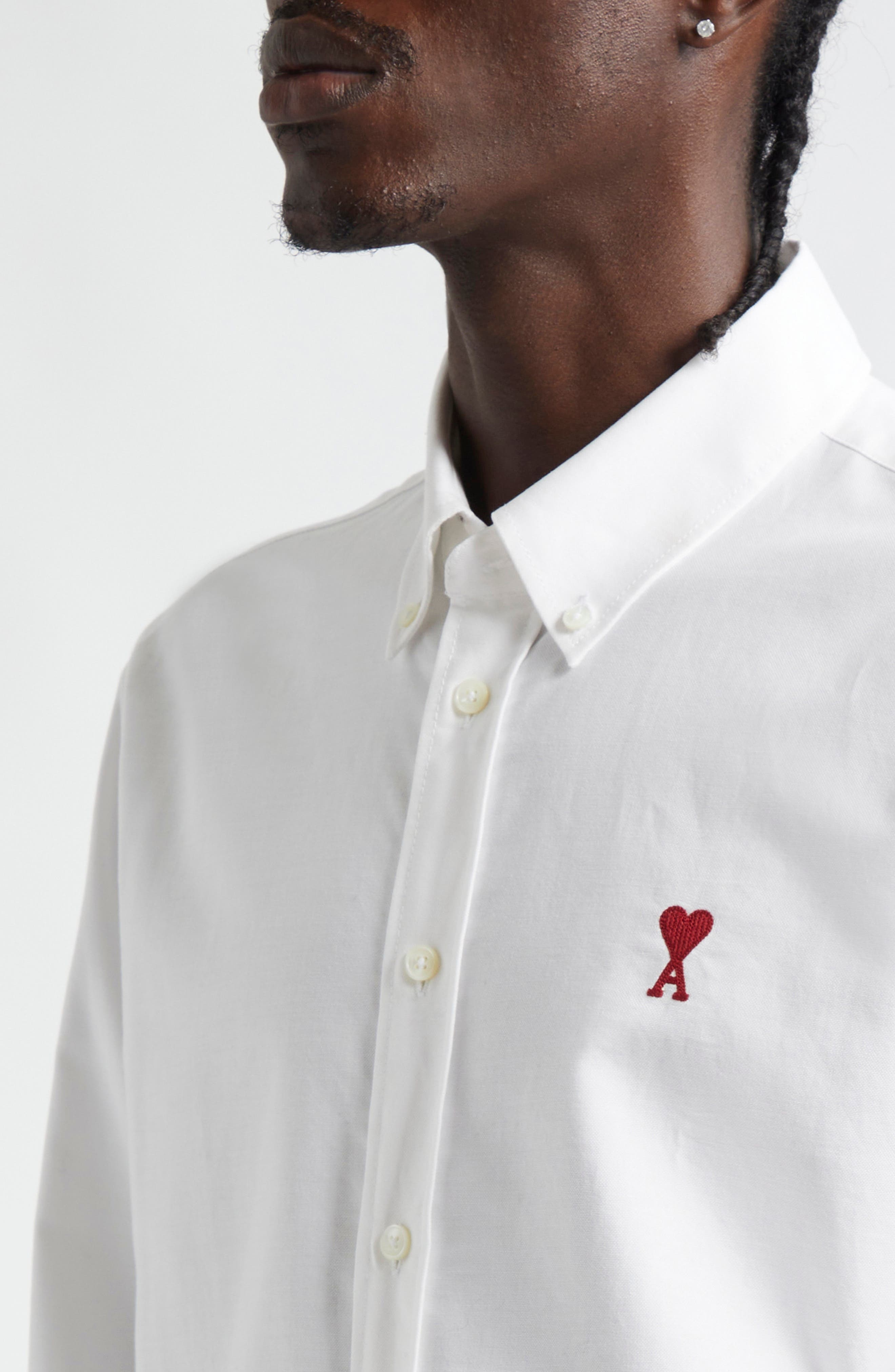 AMI PARIS Ami De Coeur Cotton Oxford Button-Down Shirt in 168 Blanc Naturel at Nordstrom - 4