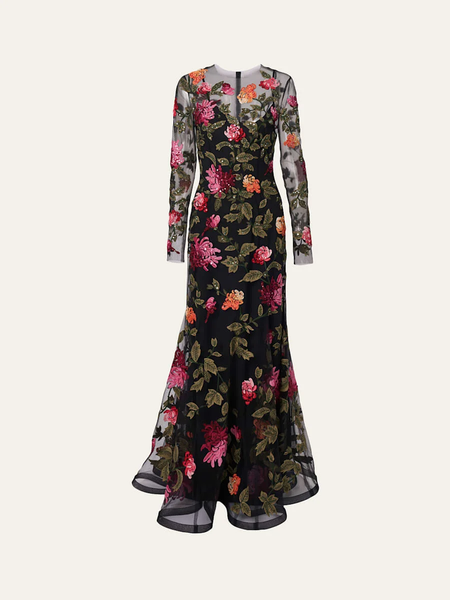 Floral-Embroidered Tulle Gown - 1