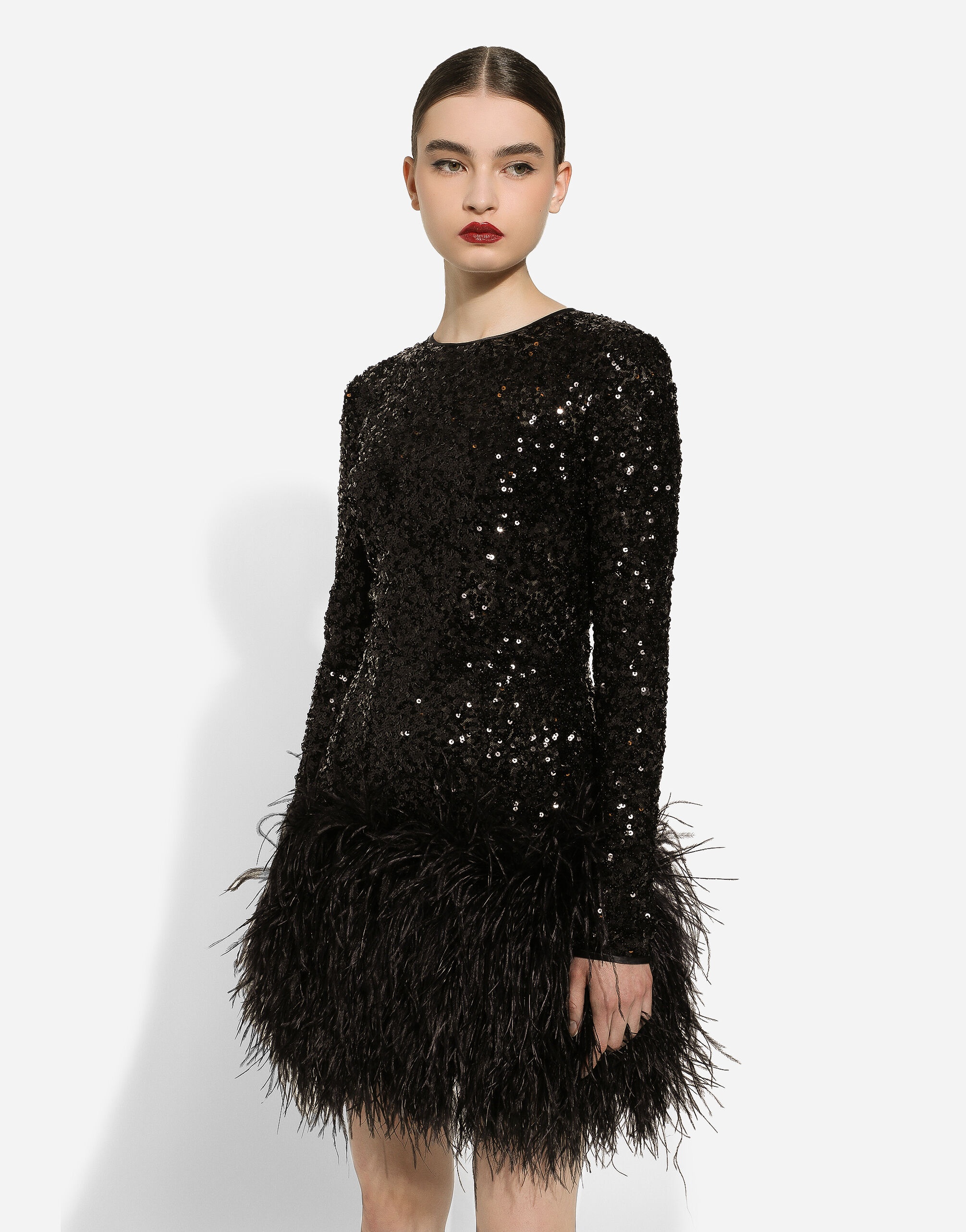 Short sequined dress with feather trim - 4
