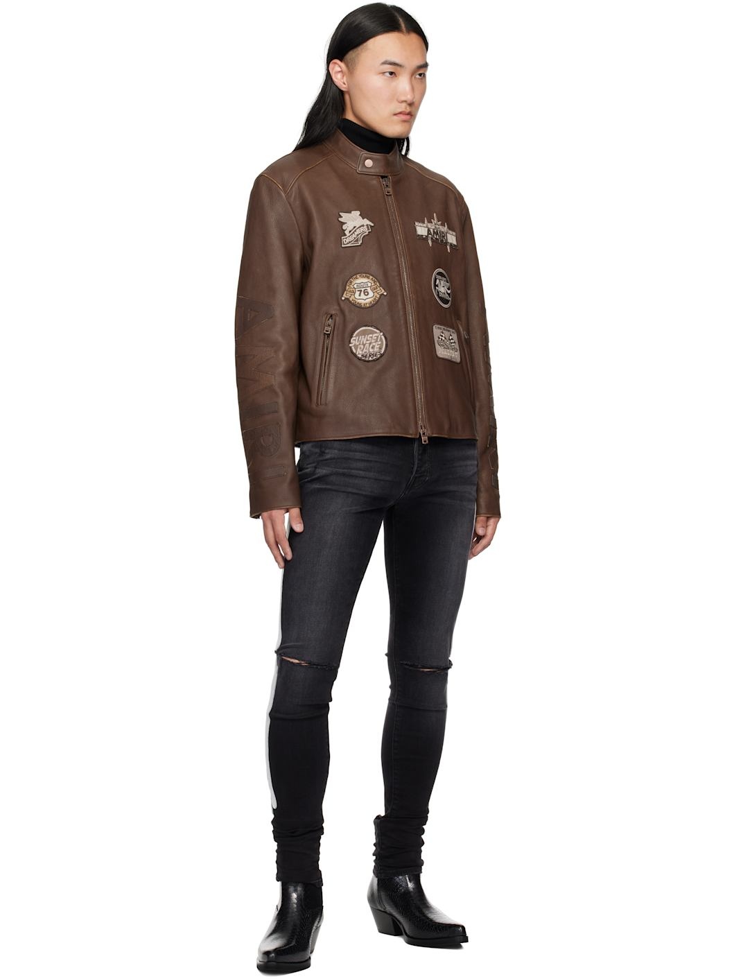 Brown 'AMIRI' Patch Racer Leather Jacket - 4