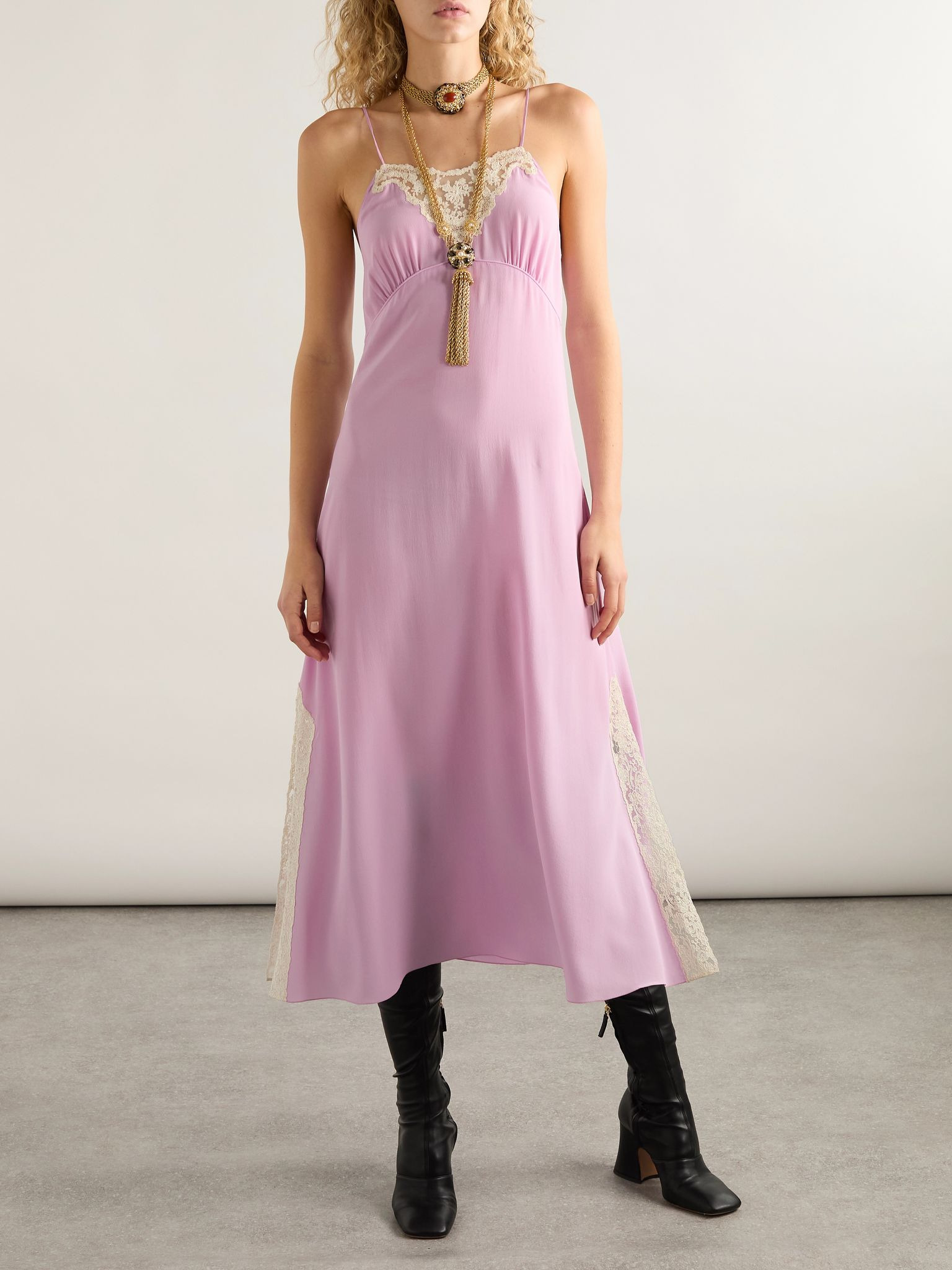 Lace-trimmed silk crepe de chine midi dress Lilac - 3