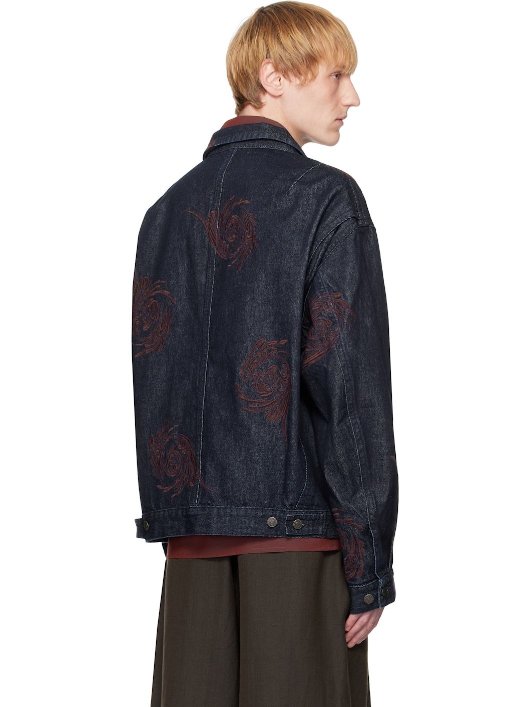 Navy Embroidered Pattern Denim Jacket - 3