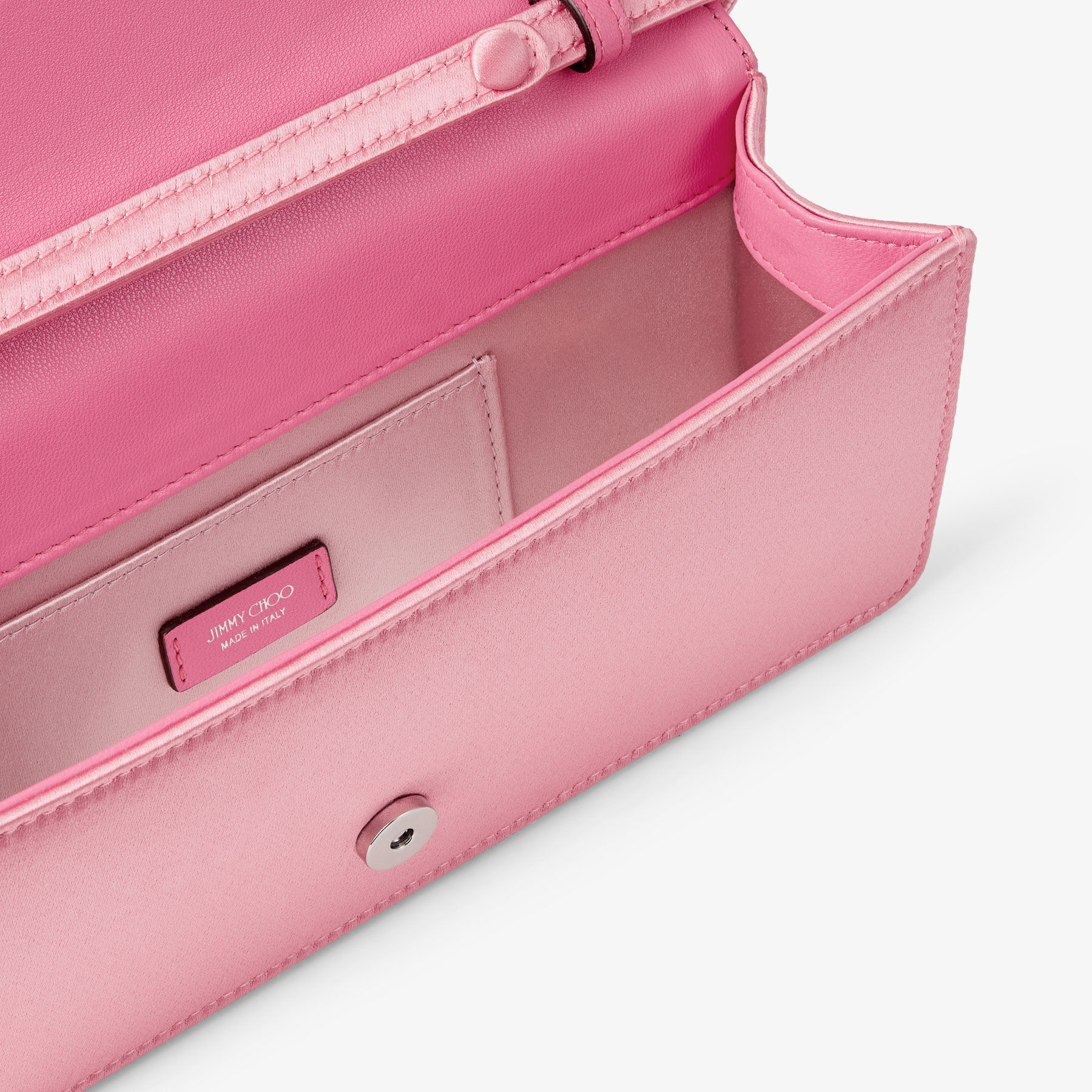 Diamond Chain Top Handle
Candy Pink Satin Top Handle Bag with Diamond Pave Lock - 4