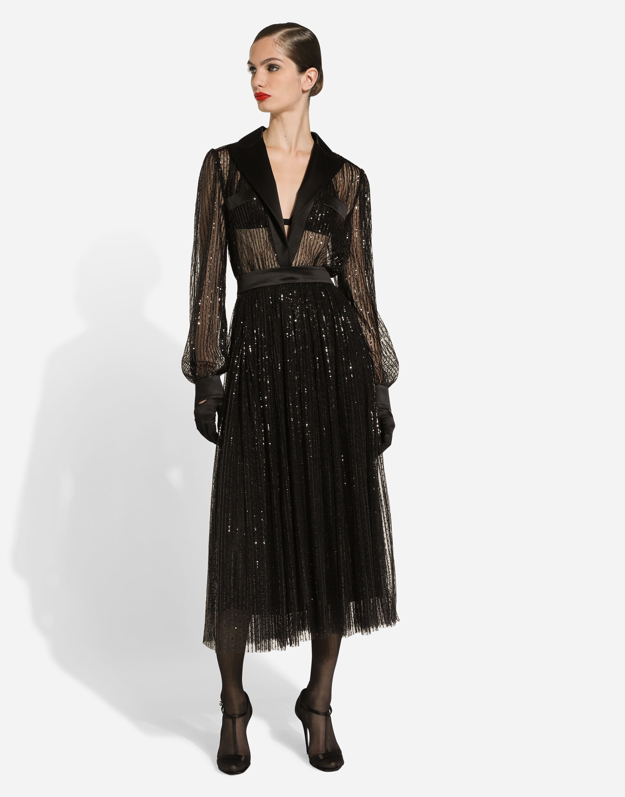 Calf-length tulle tuxedo shirt dress with sequin embellishment - 8