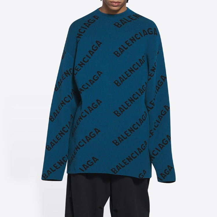 Balenciaga All Over Logo Crewneck Wool Knit Sweater 'Petrol Blue' 657400T15672470 - 4