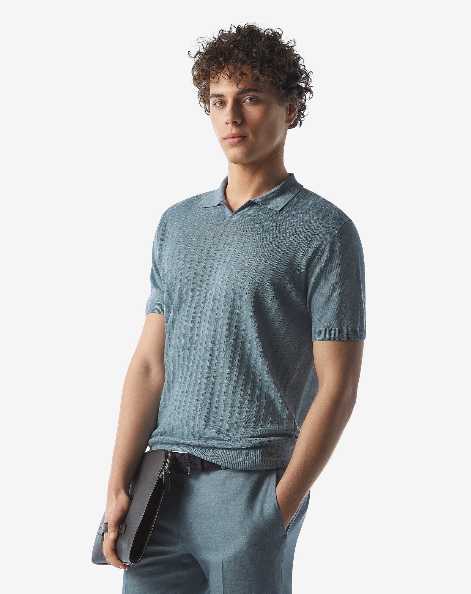Light blue pure linen polo shirt - 2