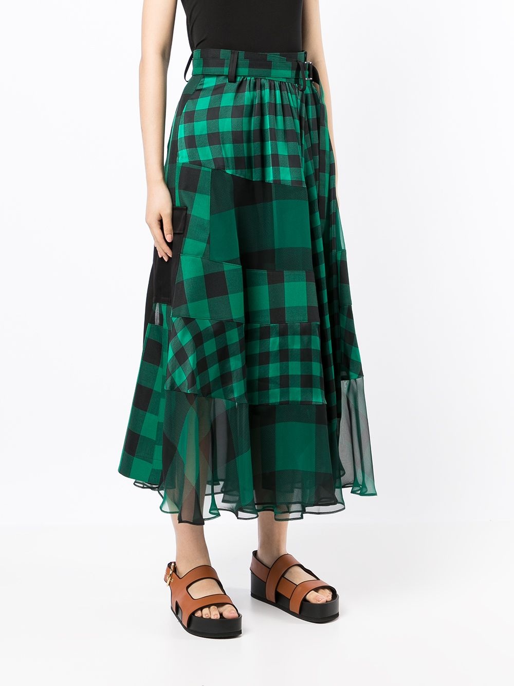 check-print tulle-trim midi skirt - 3