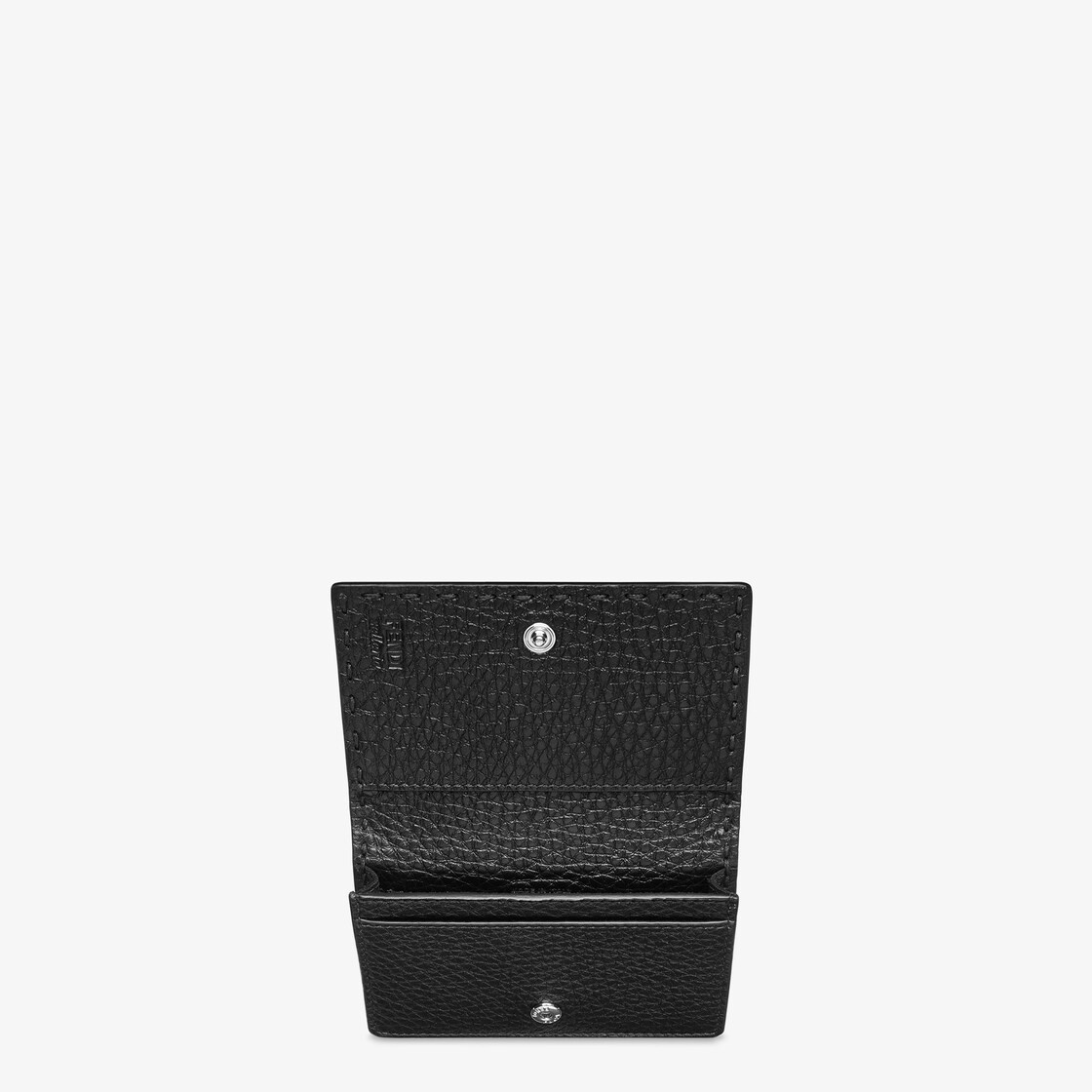 Card holder pouch with press-stud fastening. Made of black Cuoio Romano leather. Branded with Metal  - 3