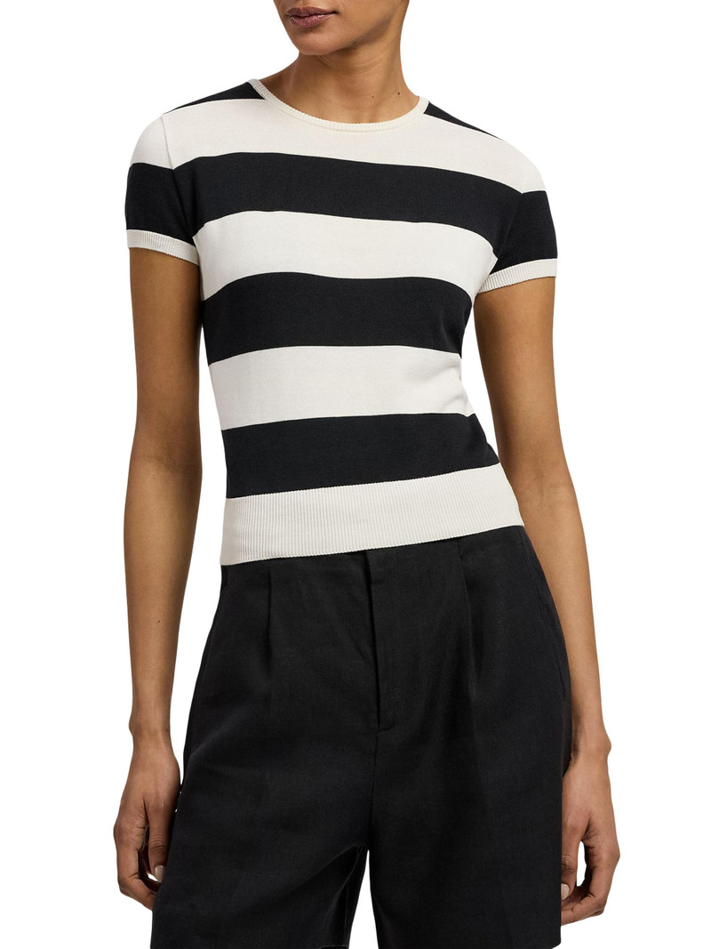 Women's Striped Cotton-Silk Short-Sleeve Sweater - Lux Cream Black 3