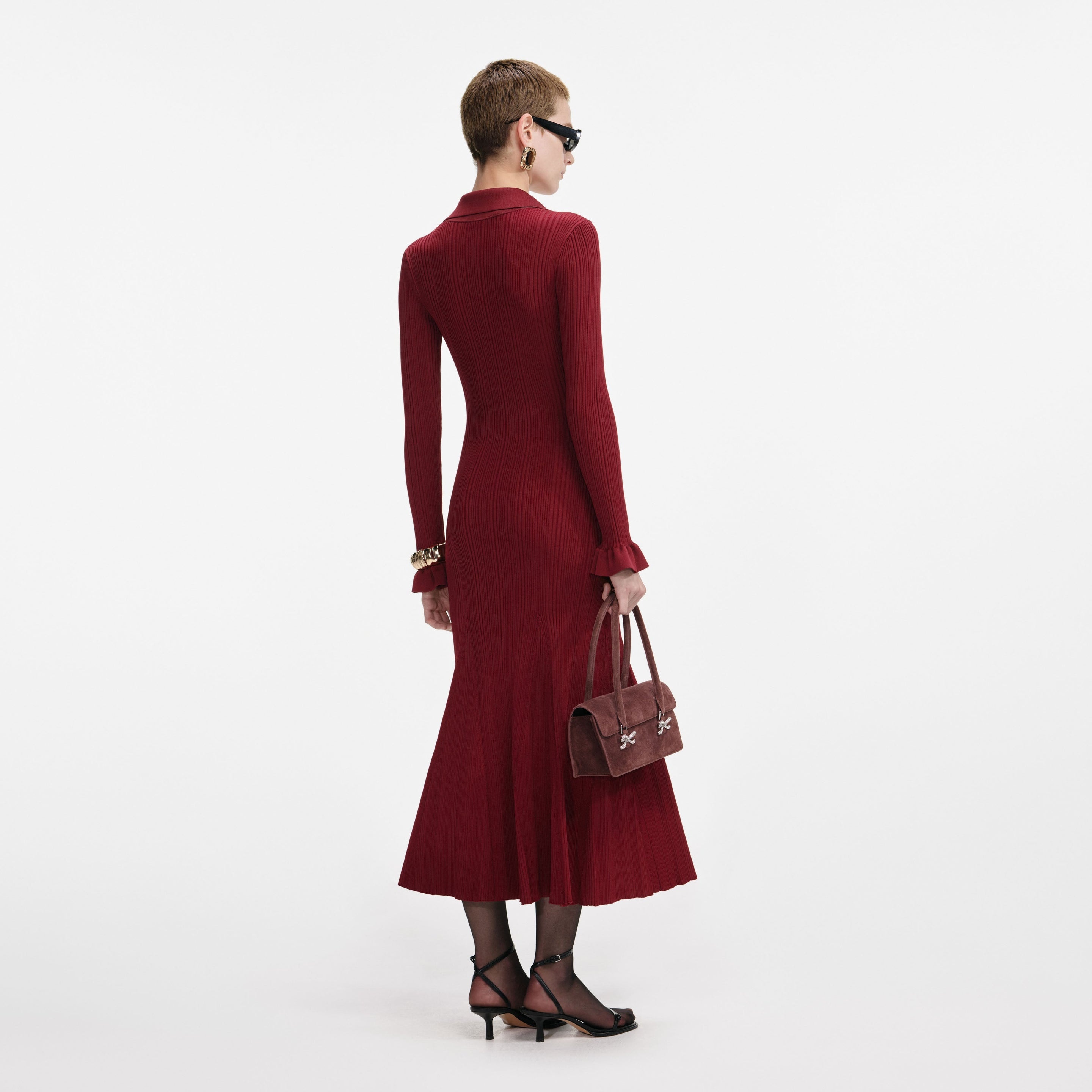Burgundy Ribbed Knit Midi Dress - 3