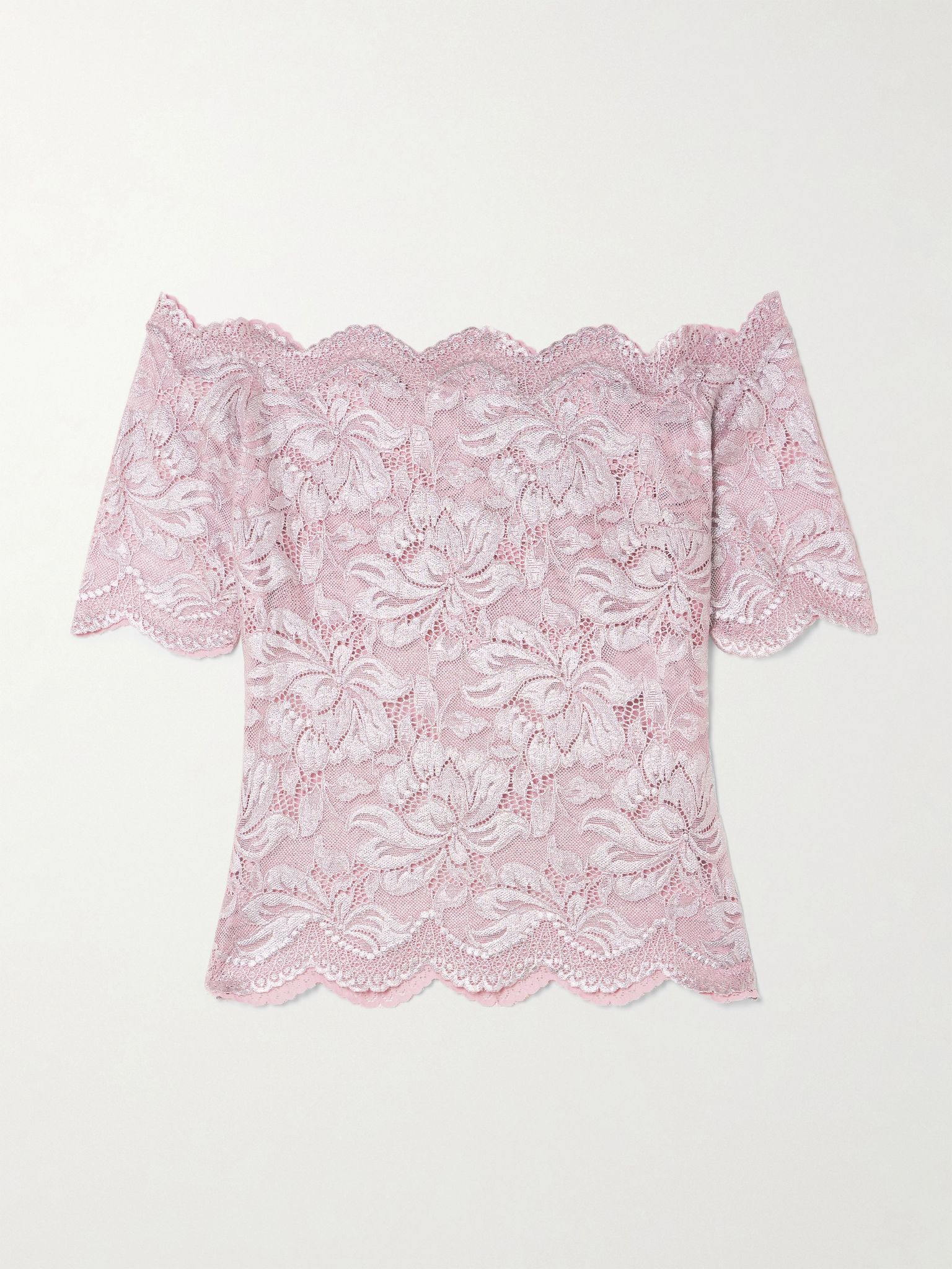 Off-the-shoulder metallic stretch-lace top Pink - 1