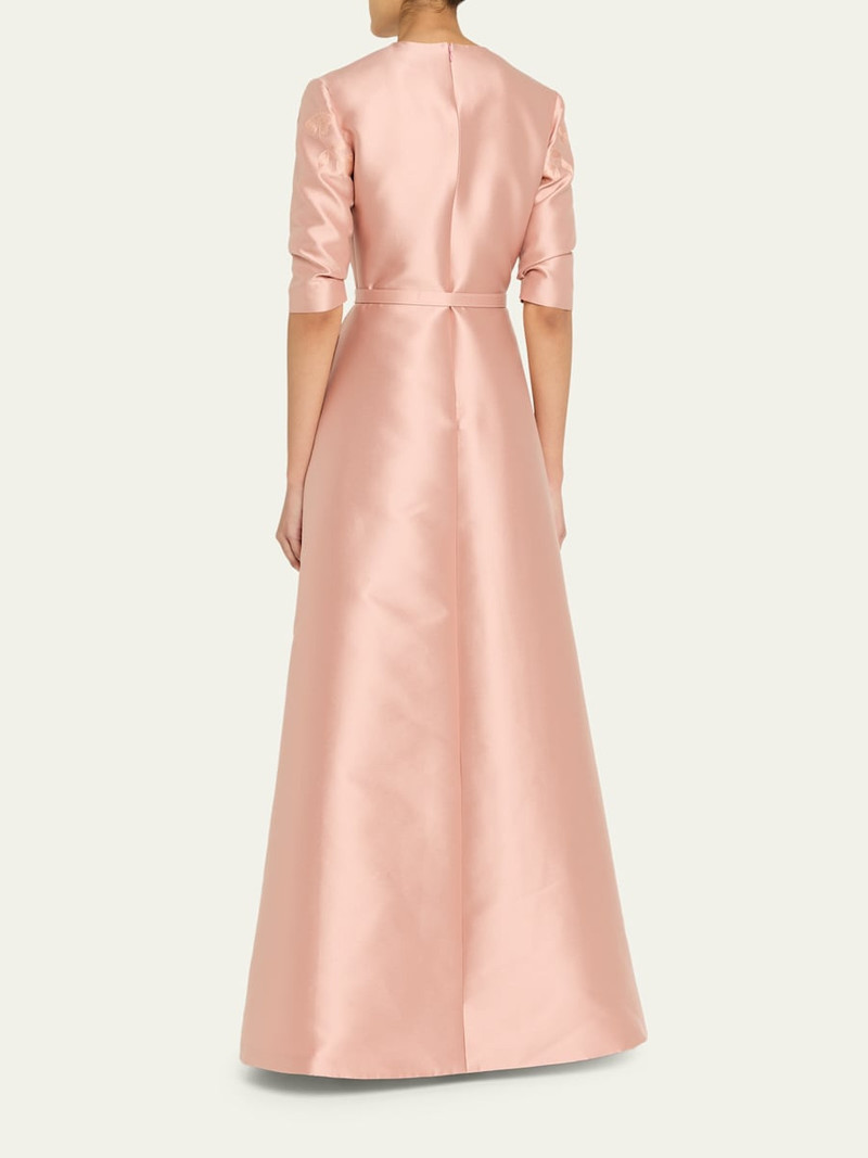 Embroidered Mikado Silk 3/4-Sleeve Gown With Belt 3
