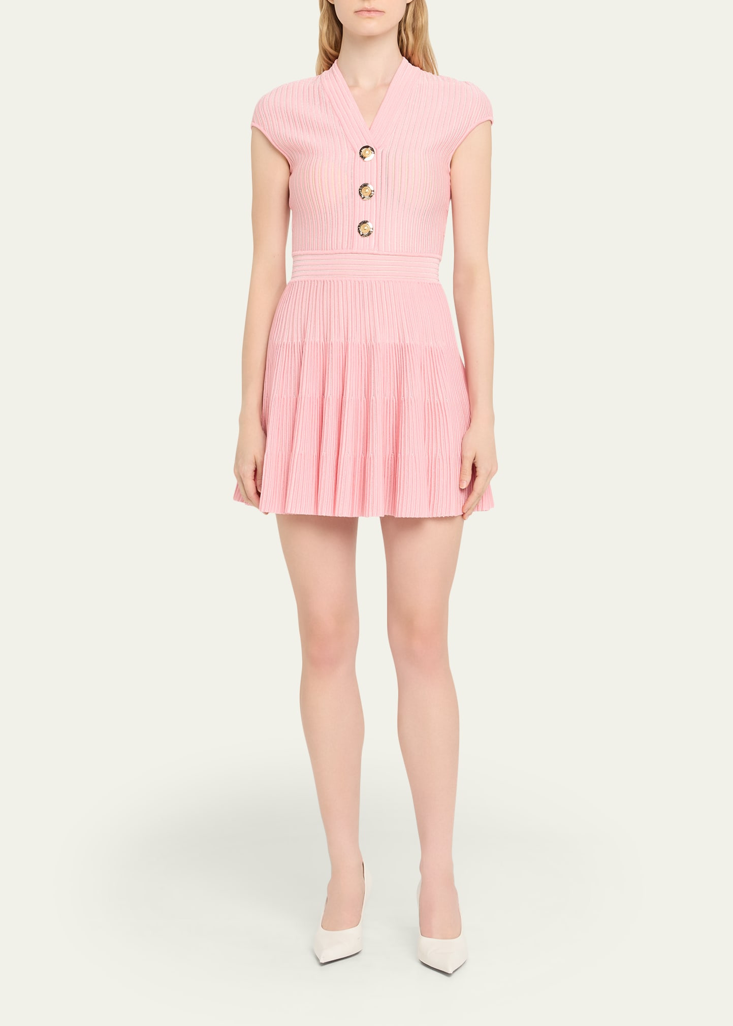 Short-Sleeve Flechage Knit Flare Mini Dress - 2