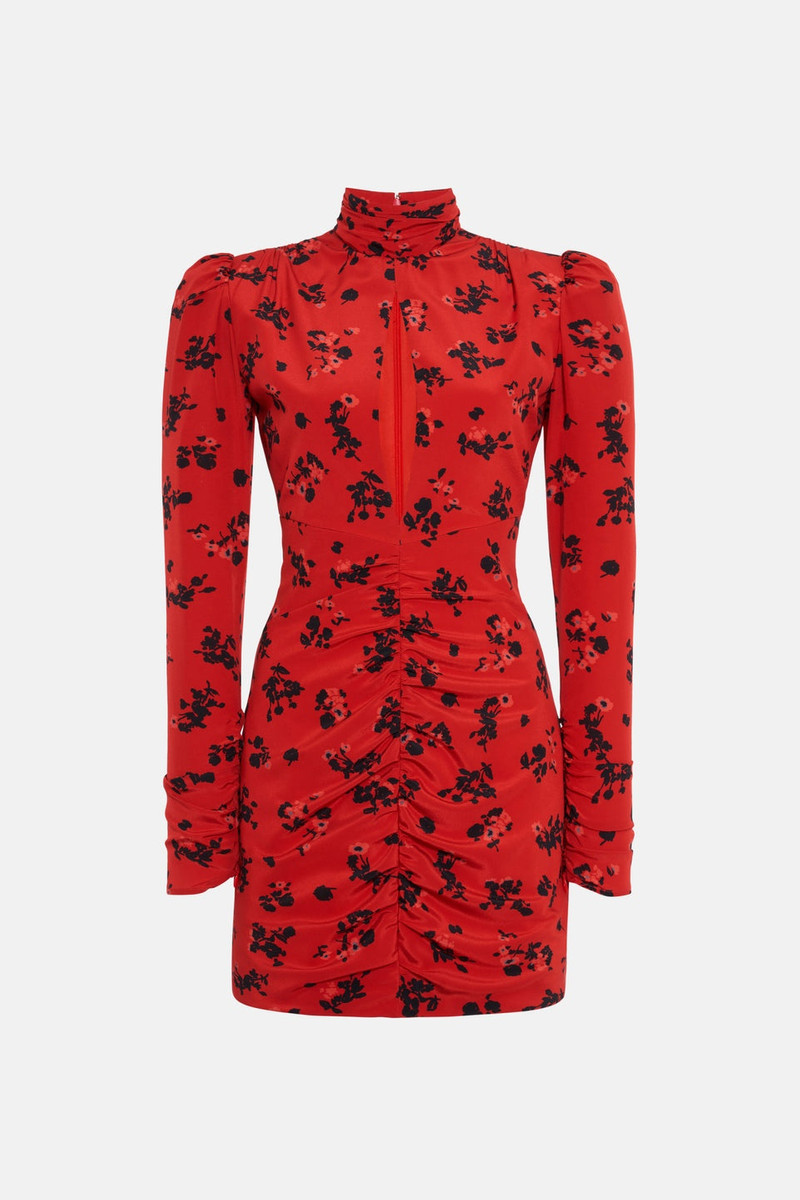 ROSE PRINT SILK HIGH NECK DRAPED MINI DRESS 1