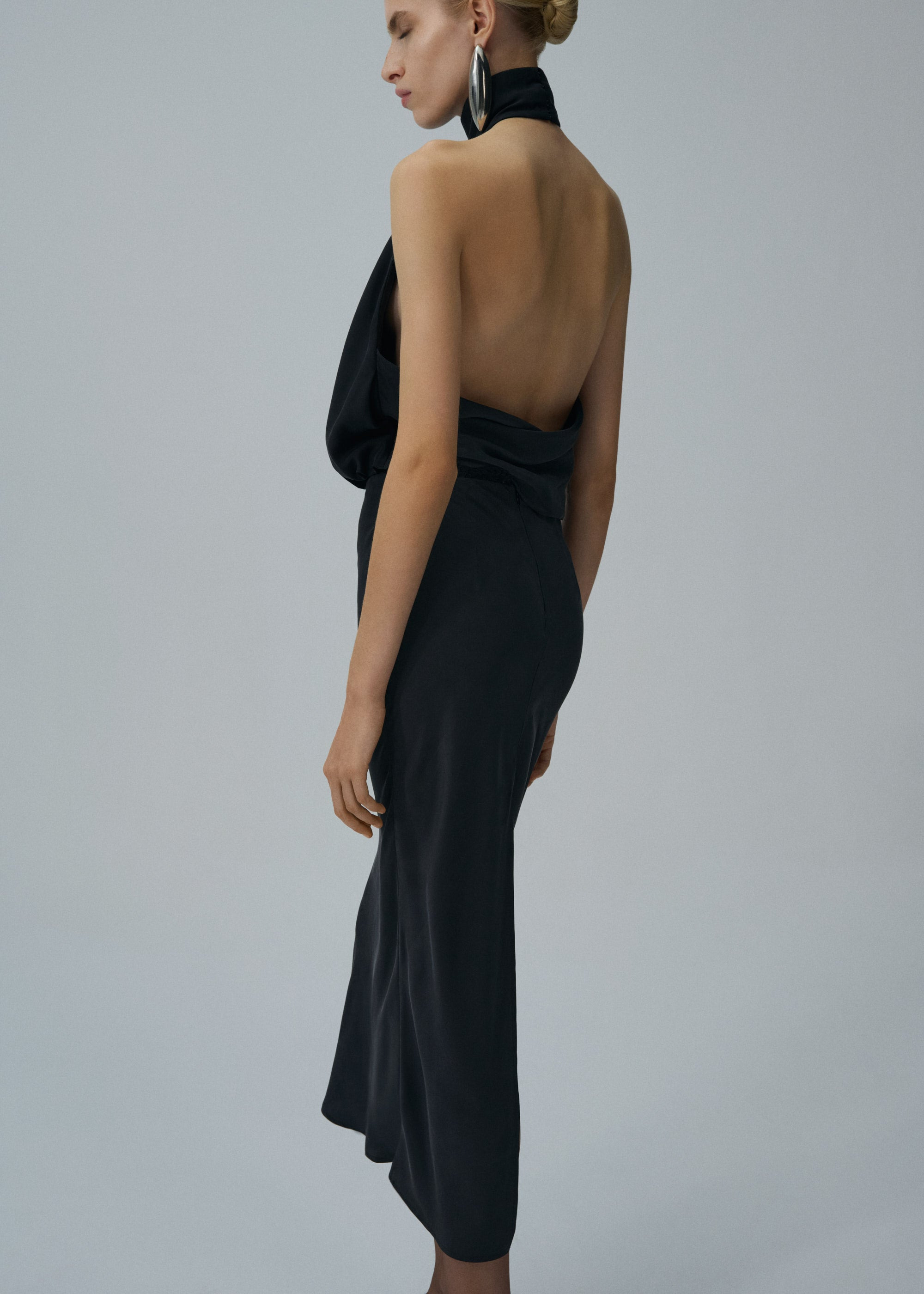 Silk high neck balloon top in black - 5