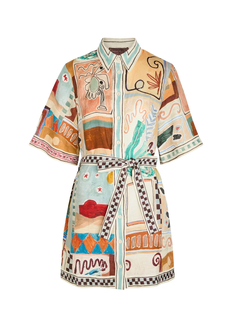 Alemais Michelle Printed Belted Linen Mini Shirt Dress - 1