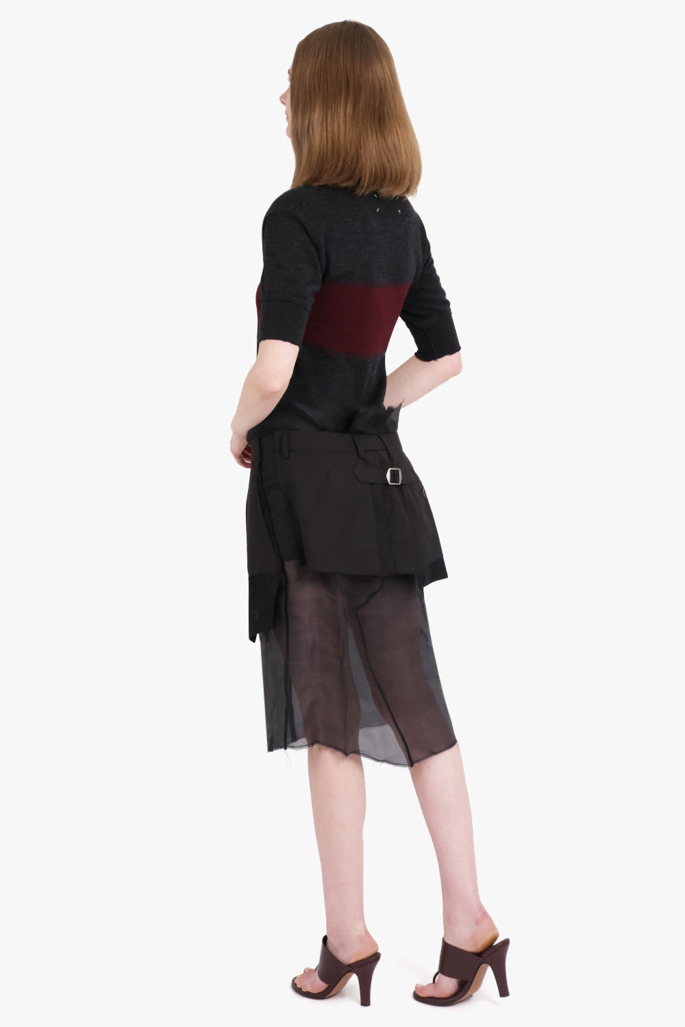 POLO TOP STYLE S/S MIDI DRESS WITH QUILTED SHEER SKIRT | CHARCOAL/BURGUNDY - 3
