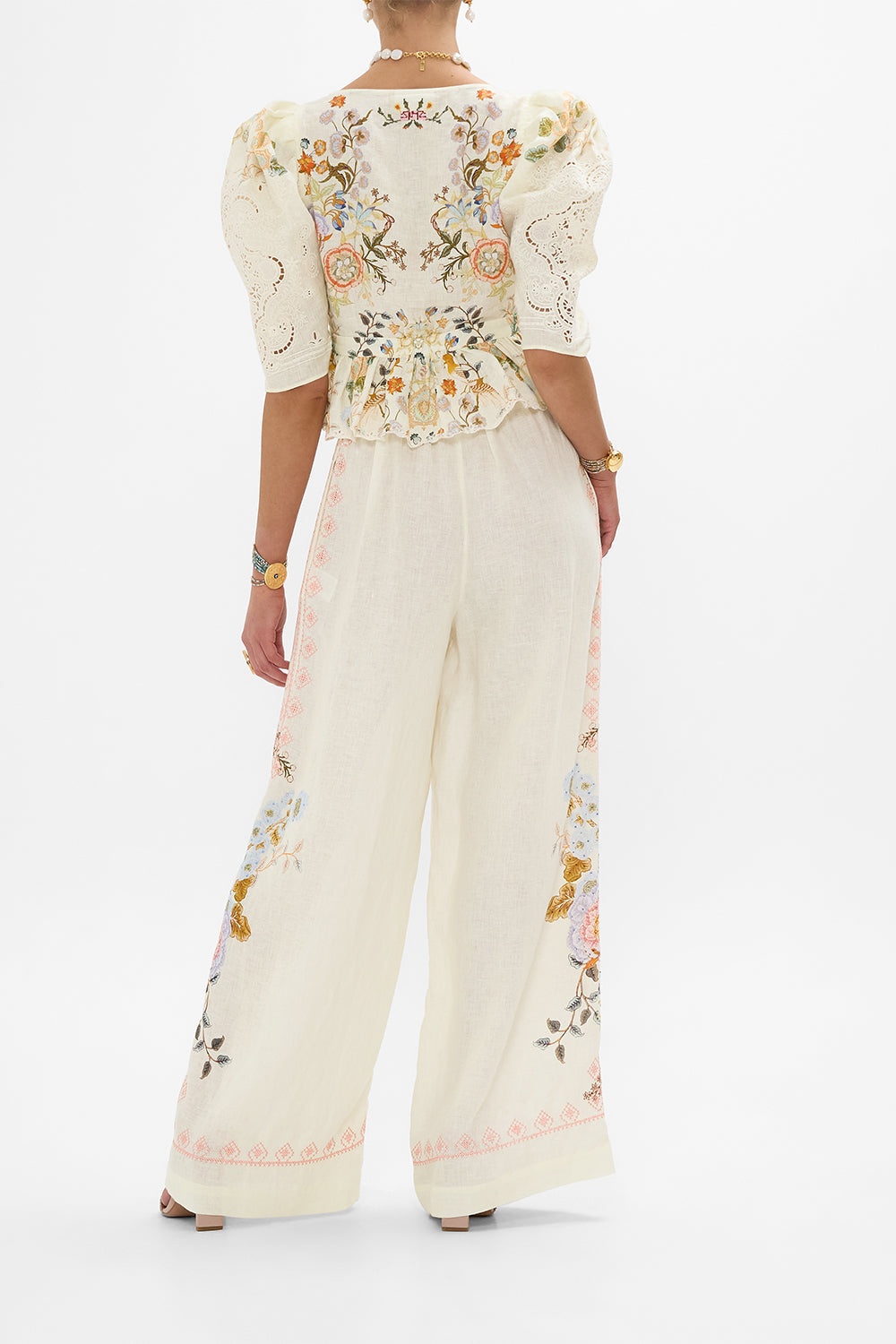 EMBROIDERED WIDE LEG WAISTED PANT - 3