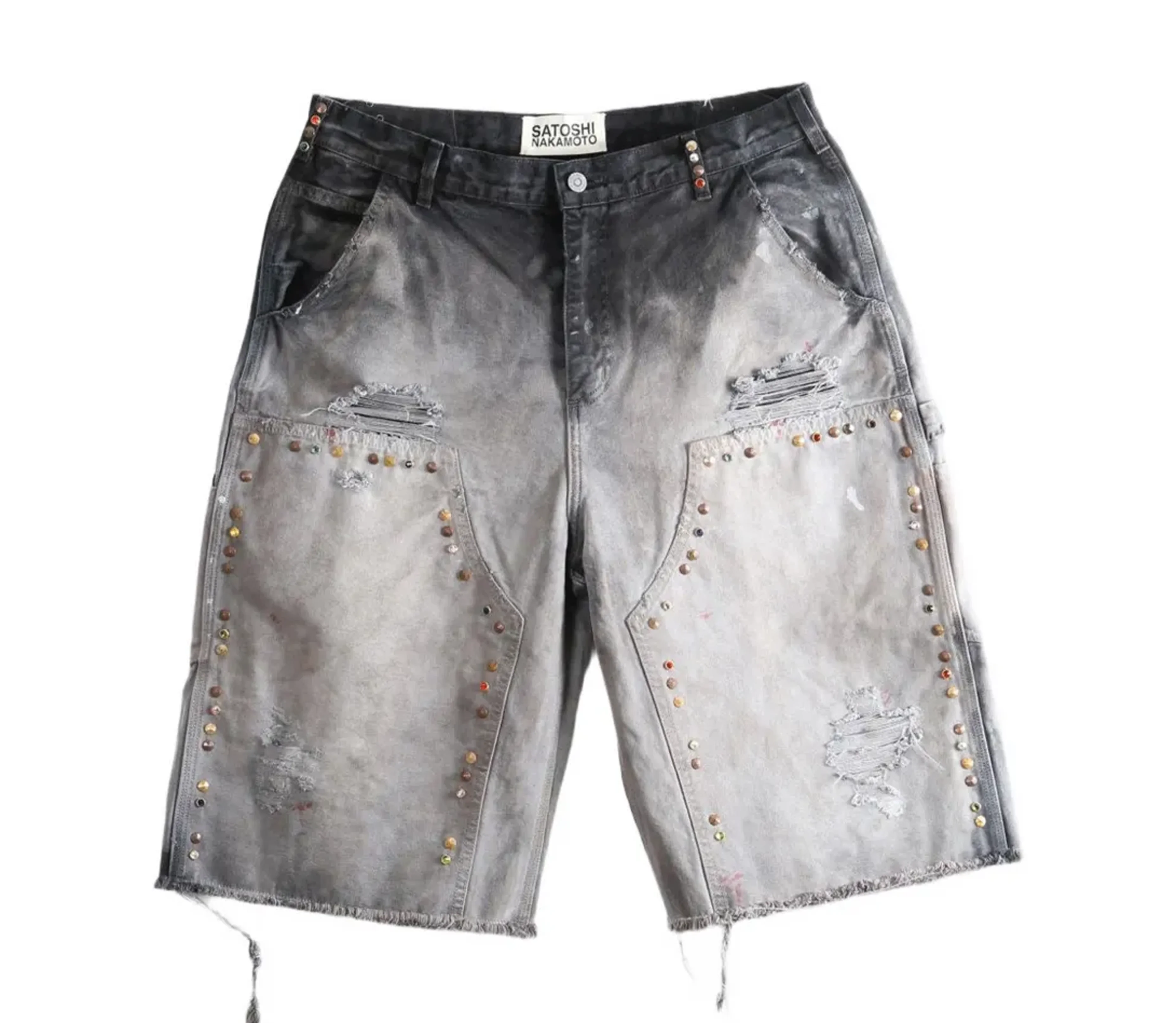 Satoshi Nakamoto 'Danny's' Carpenter Stud-Embellished Distressed Shorts (Black) - 1