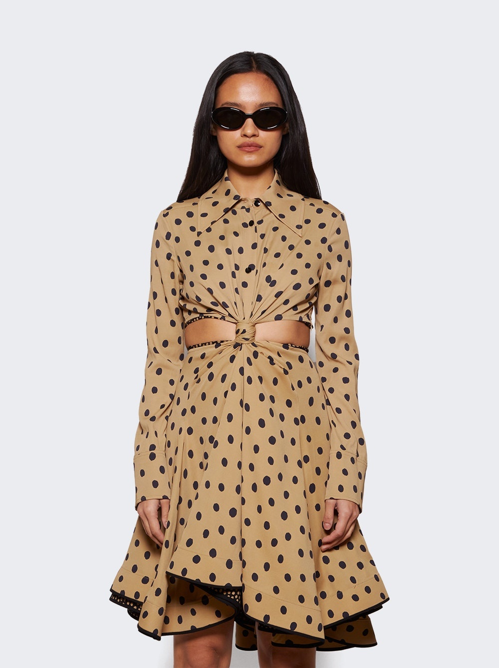 Printed Dot Cut-Out Shirt Dress Khaki - 3