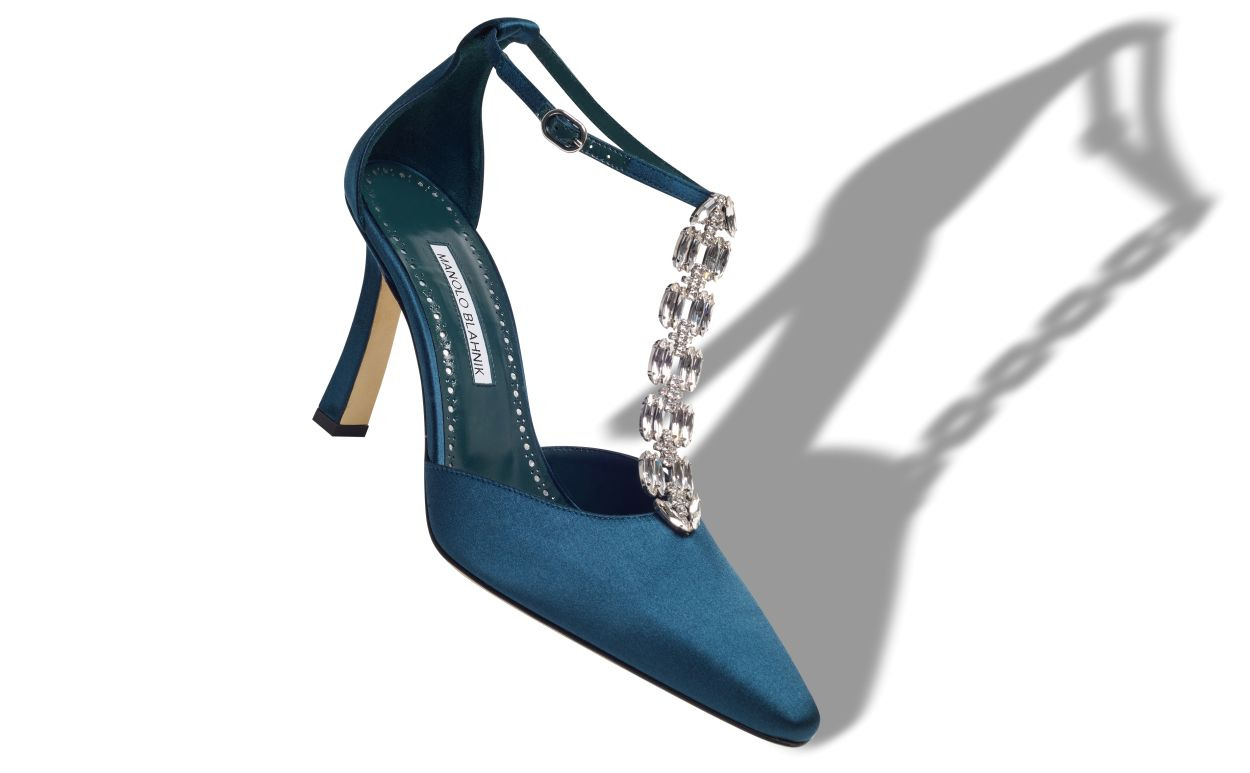 Navy Blue Satin Embellished Pumps - 2