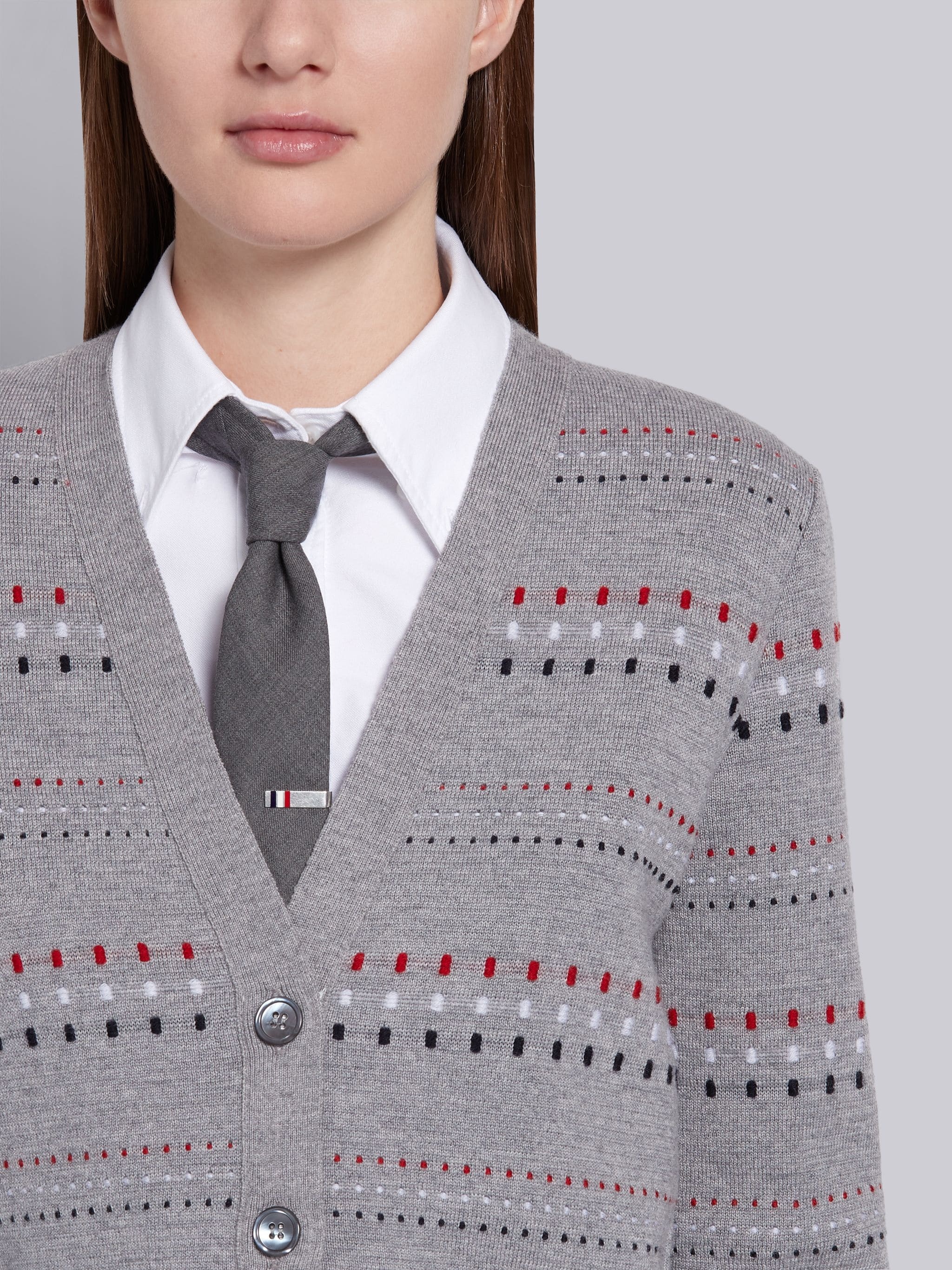 Light Grey Fine Merino Wool Tricolor Inlay Milano Stitch Classic V-Neck Cardigan - 5