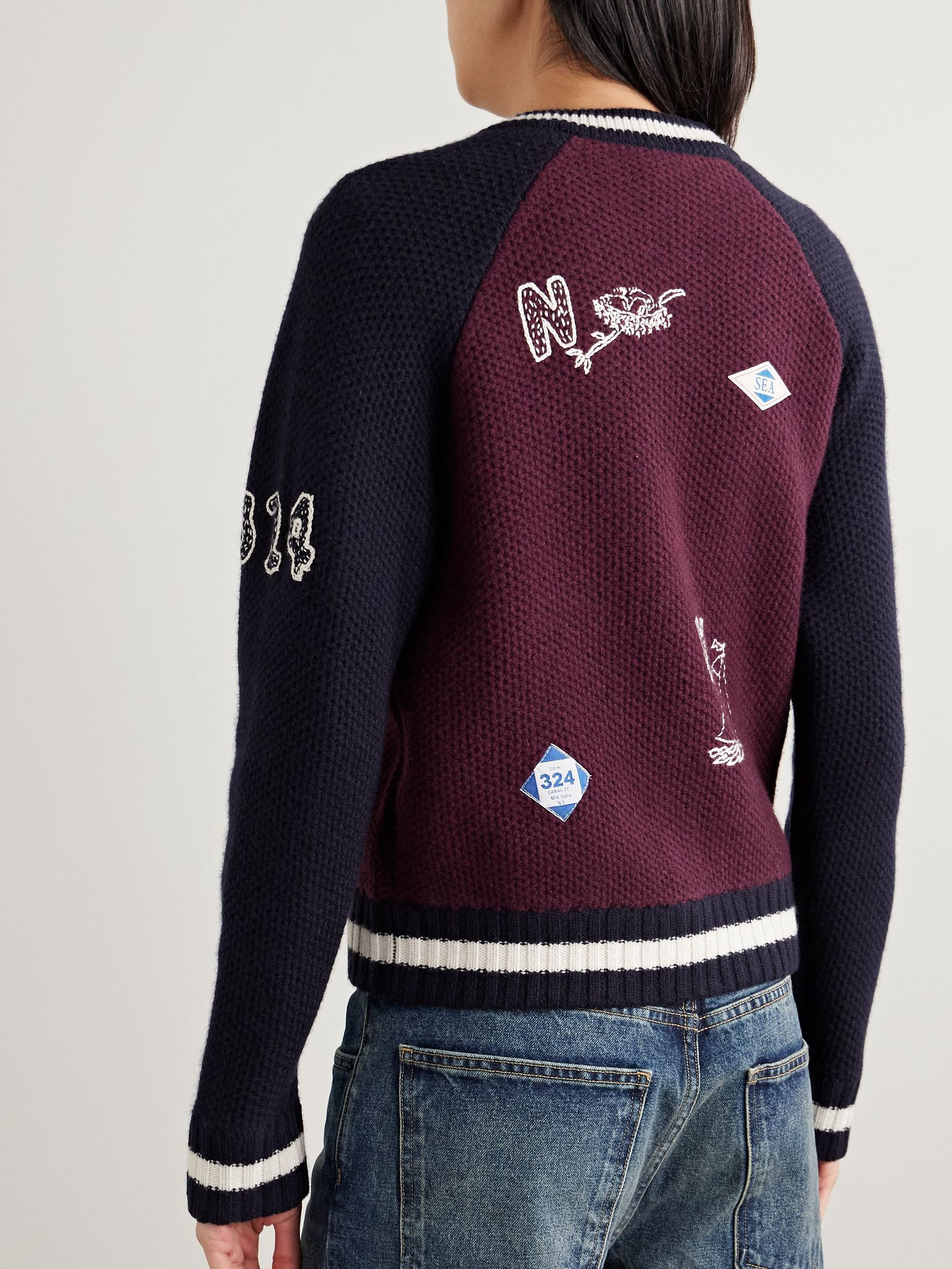 Archer embroidered appliquéd merino wool cardigan Burgundy - 4