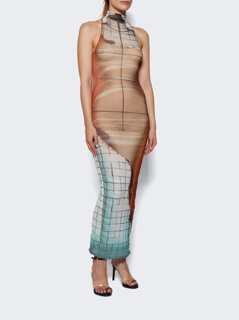 Mesh High Neck Long Dress Fire Print - 2